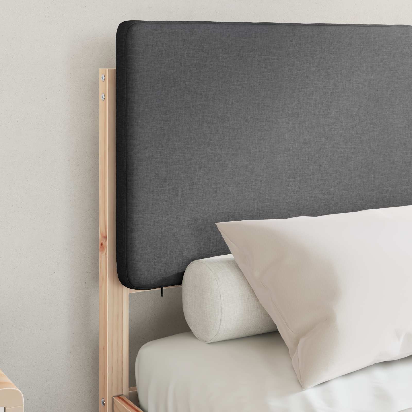Cadre de lit avec tête de lit rembourrée en pin massif, gris foncé, pour la chambre - 3