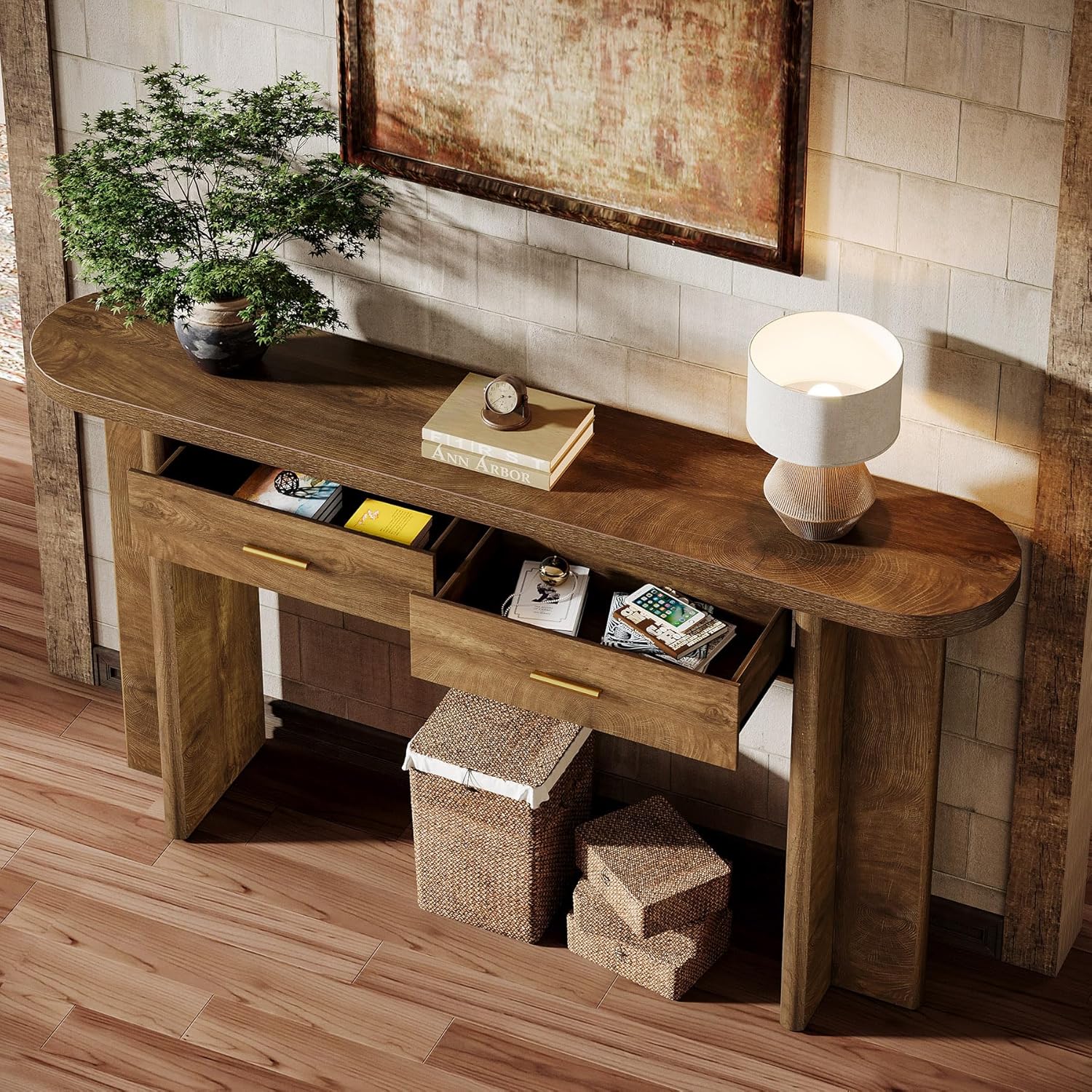 Tribesigns Console 160 cm avec 2 tiroirs - Style fermier élégant et rangement pratique, plateau ovale courbé - 5