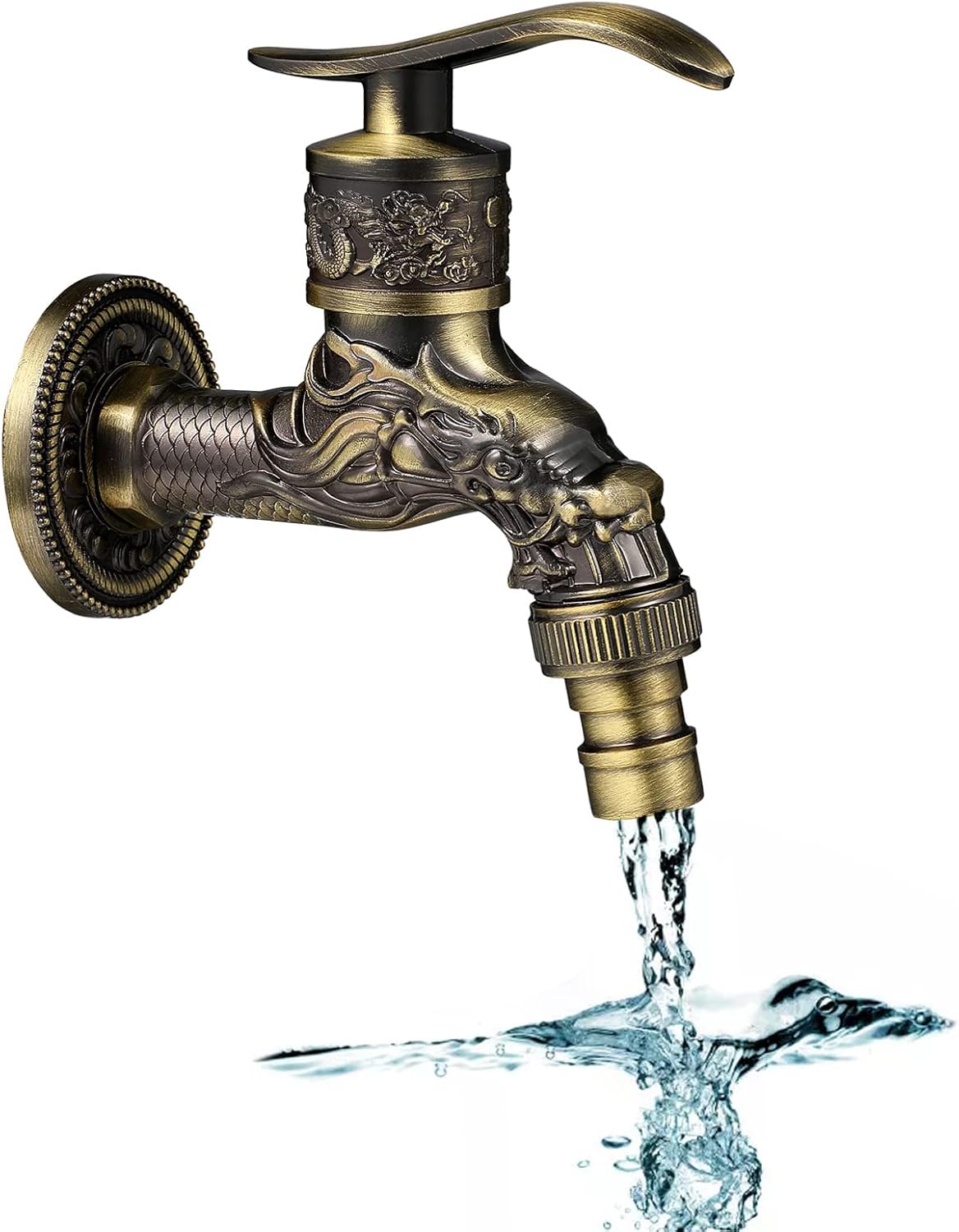 Mosiężny kran ścienny w stylu vintage, antyczny, rzeźba smoka - odpowiedni na zewnątrz, do ogrodu, domu, łazienki