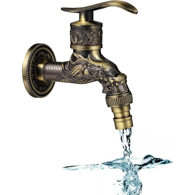 Mosiężny kran ścienny w stylu vintage, antyczny, rzeźba smoka - odpowiedni na zewnątrz, do ogrodu, domu, łazienki