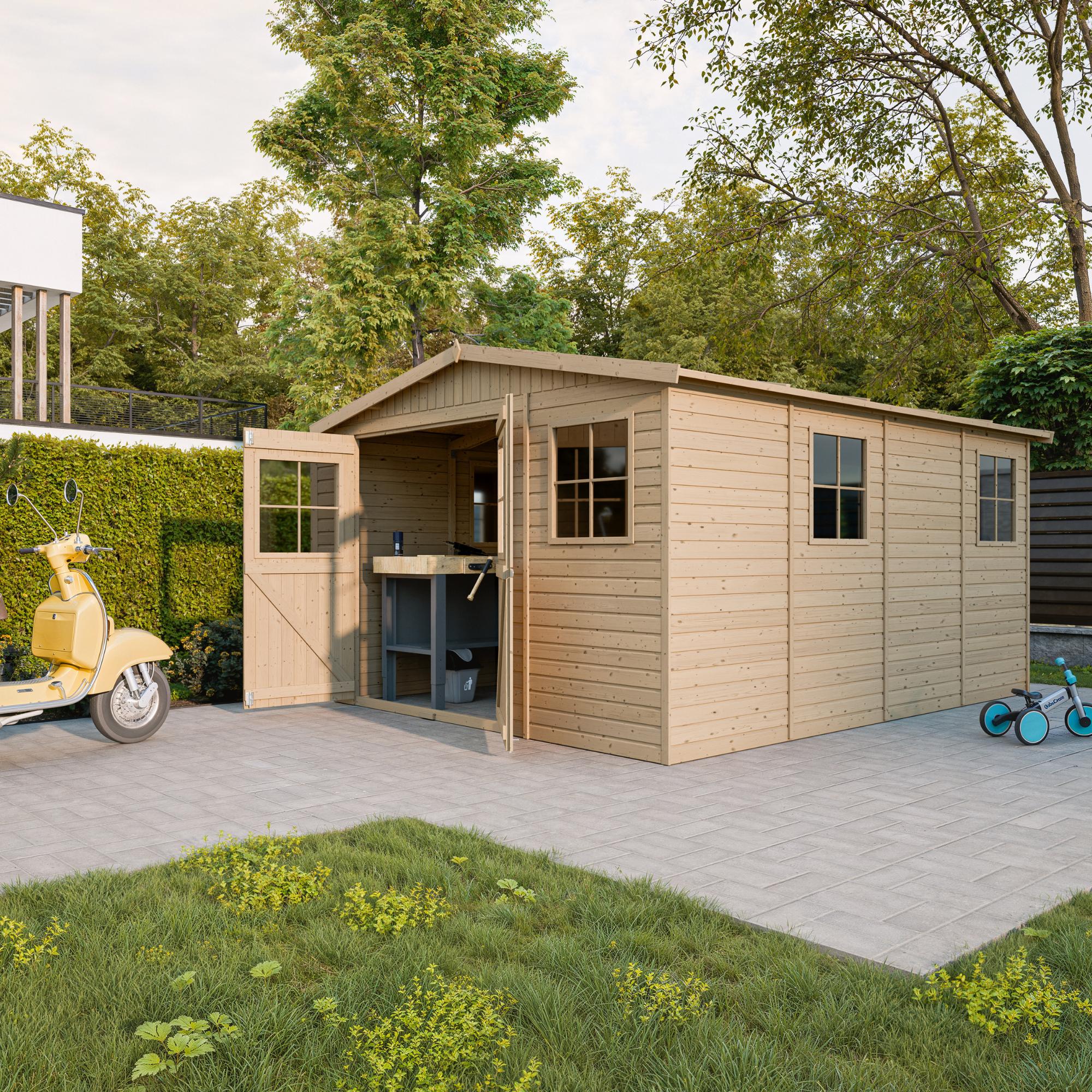 Abri de Jardin en Bois Naturel - Stockage extérieur avec fenêtres- H226x324x416 cm/12 m² hangar en bois naturel - TIMBELA M336 - 5