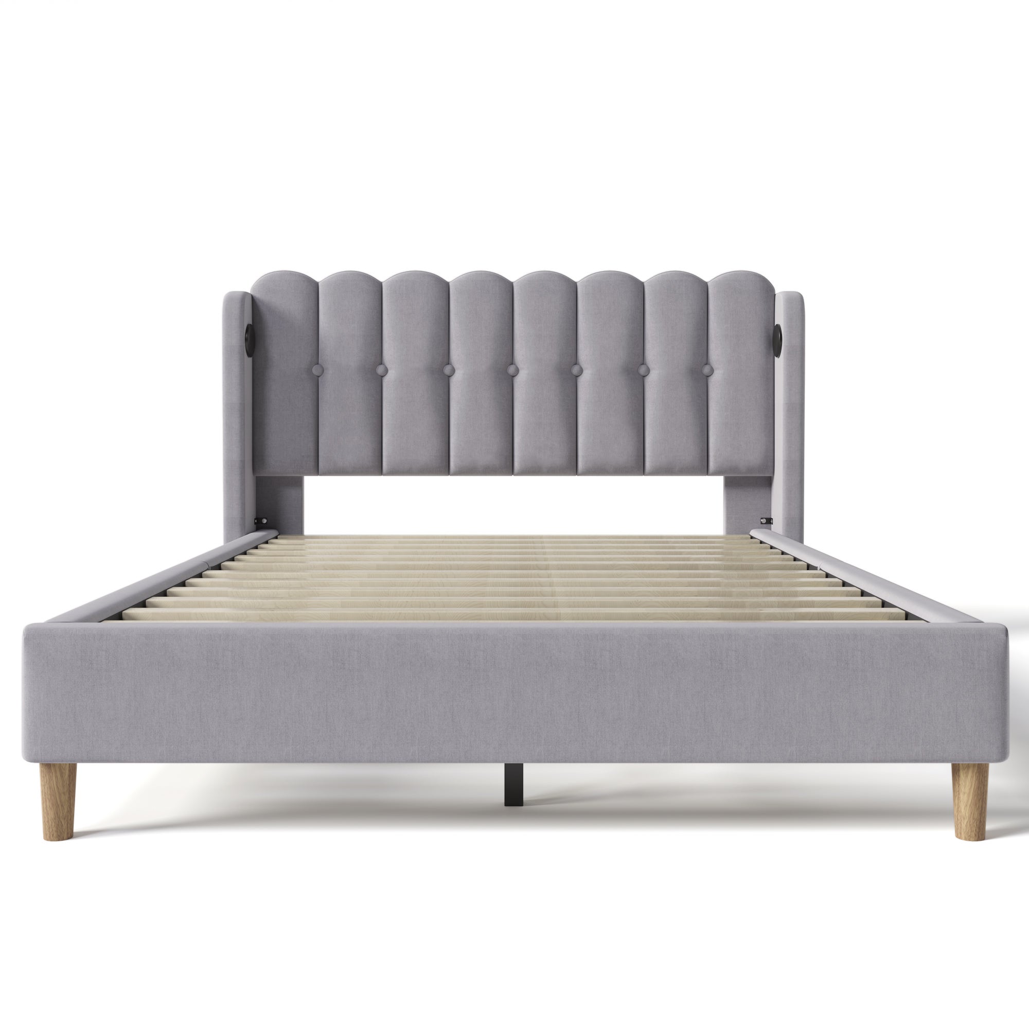 Lit double 160x200 cm tête de lit rembourrée avec chargement USB Type-C sommier en lin gris (sans matelas) - 2