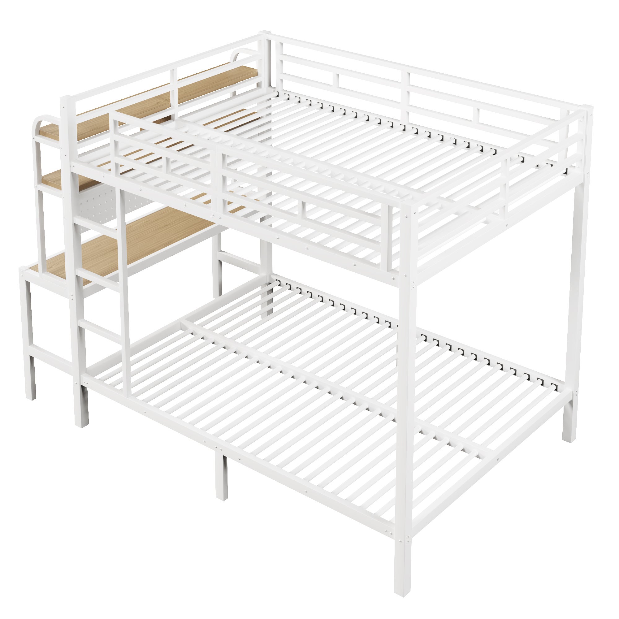 Lit superposé 140x200 avec bureau intégré, LED et ports USB - Structure métal, garde-corps et échelle - Blanc (sans matelas) - 6