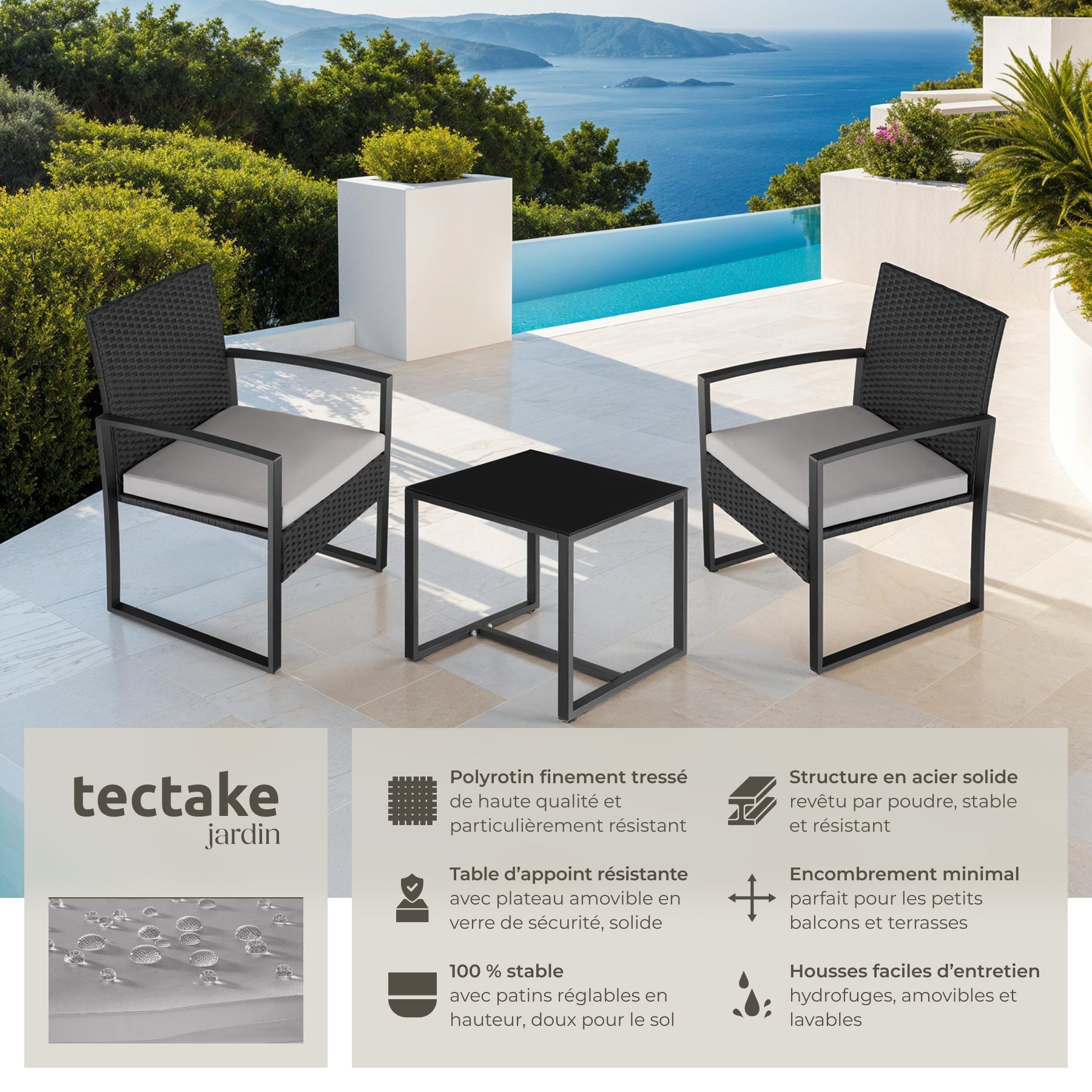 Lot de 2 chaises et table en poly rotin, structure acier époxy résistante, 58 x 55,5 x 78 cm gris clair/noir TECTAKE - 2