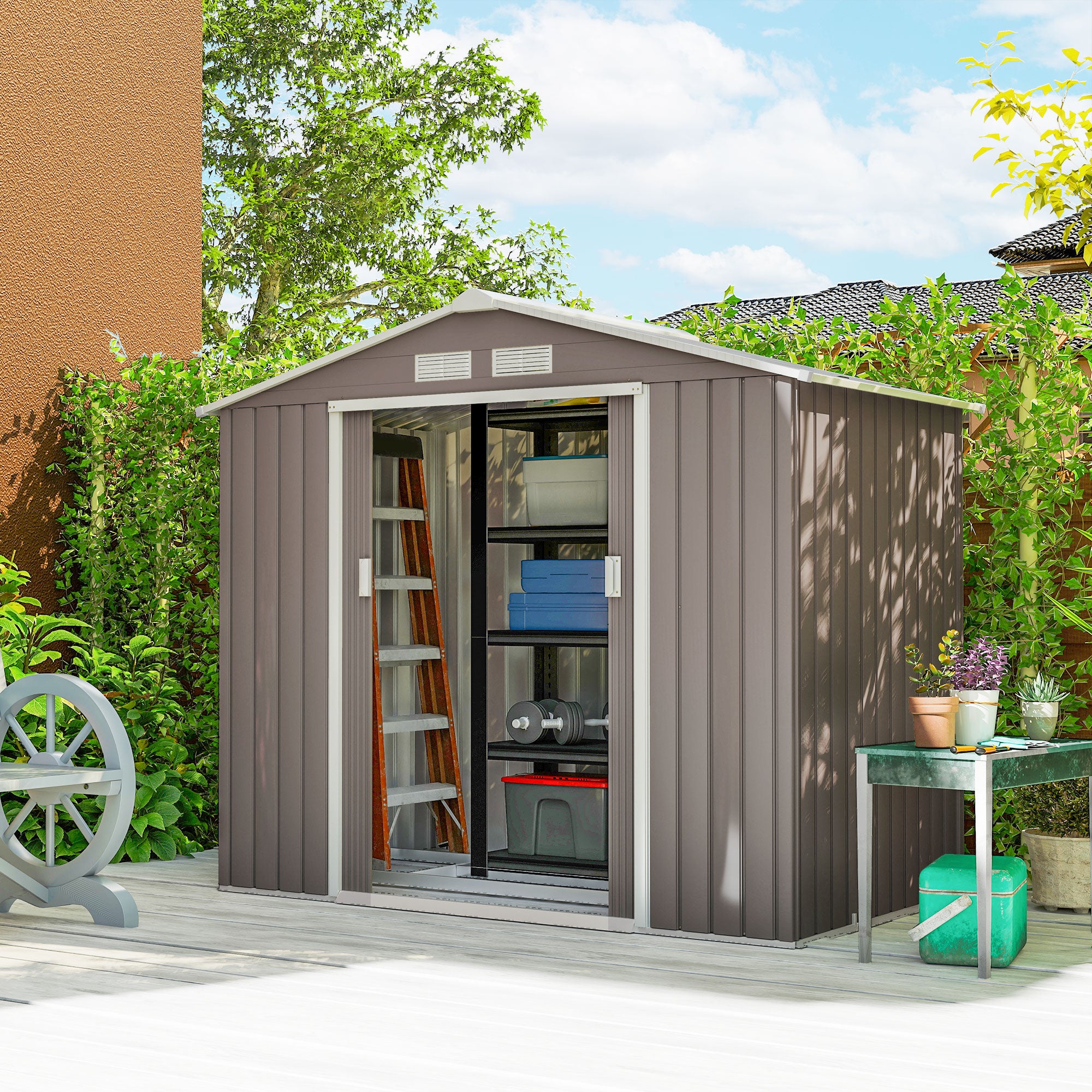 Caseta de jardín con 2 puertas correderas Outsunny gris 213x130x185 cm - 4