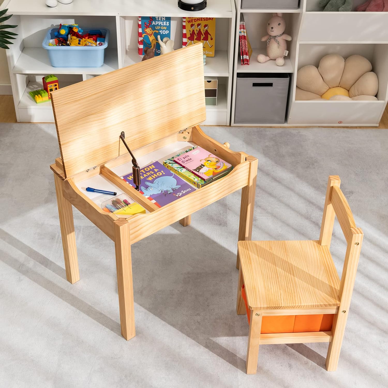 Set Tavolo e Sedia per Bambini, Scrivania Ribaltabile con Sedia per Bambini in Legno, con Cassetto e Gancio Estraibile, Bianco/Naturale (Natur - 2