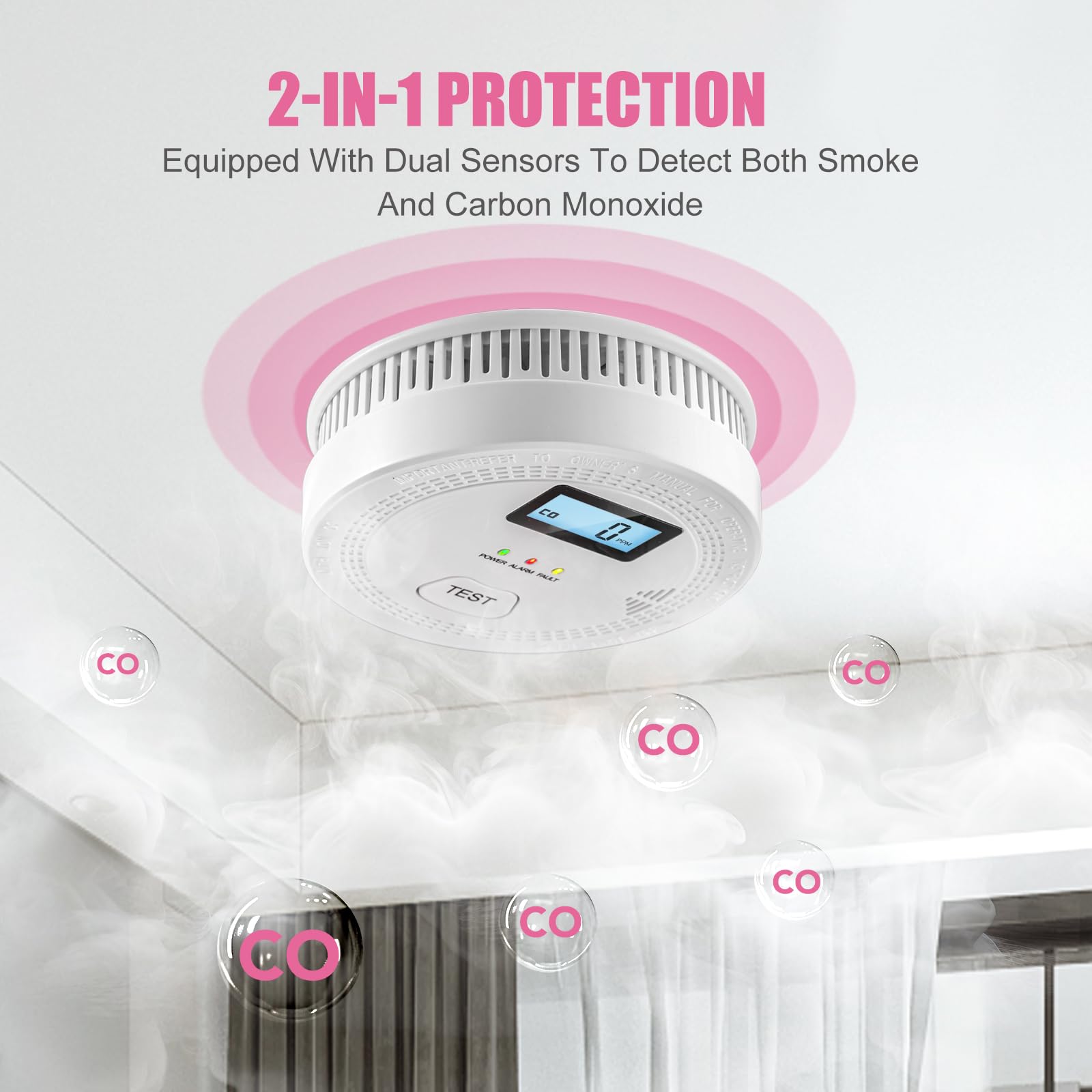 Rilevatore di fumo e monossido di carbonio 2 in 1 per la casa, con display (inglese), senza batteria, 10,7 × 10,7 × 3,8 cm - 4