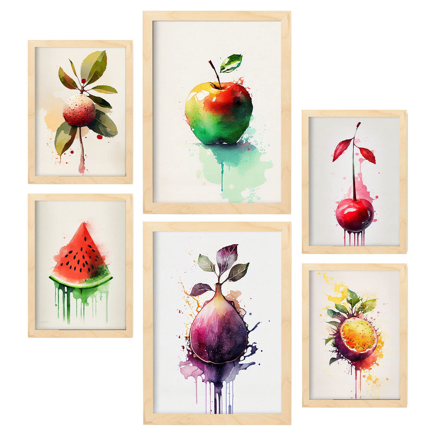Nacnic posters de frutas arcoíris ilustraciones de frutas verduras y alimentos saludables estilo acuarela en fondo blanco a4 & a3 marcos color madera