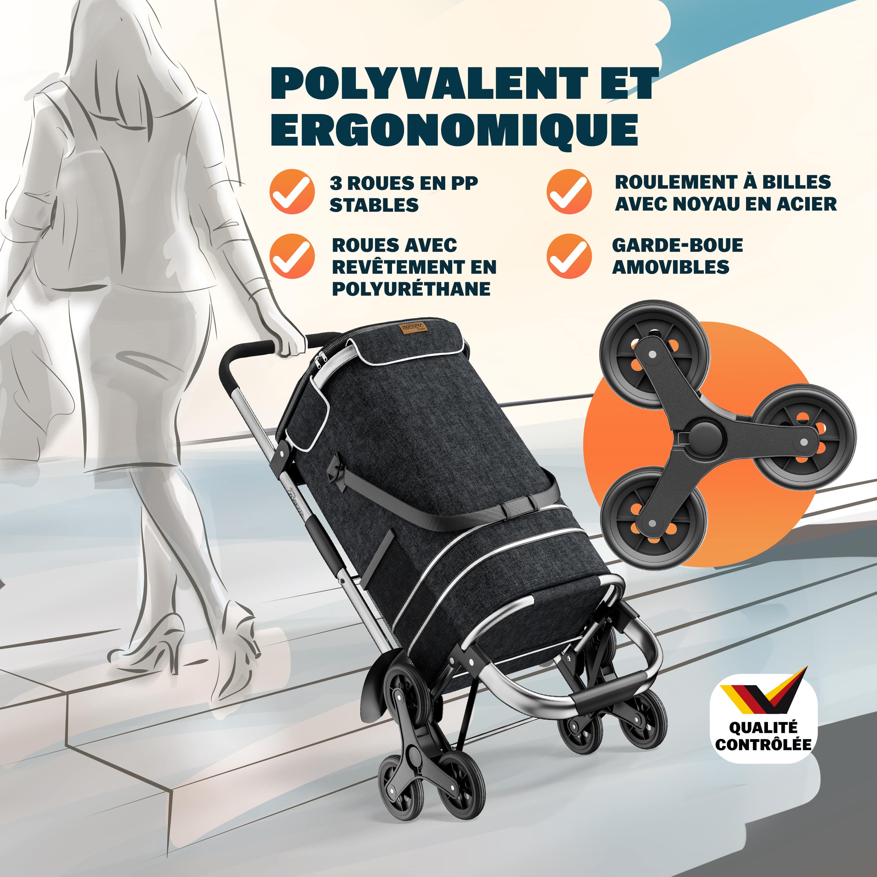 MONZANA® Chariot de courses noir 56 litres 3 en 1 pliable compartiment isotherme 6 roues bandes réfléchissantes - 3