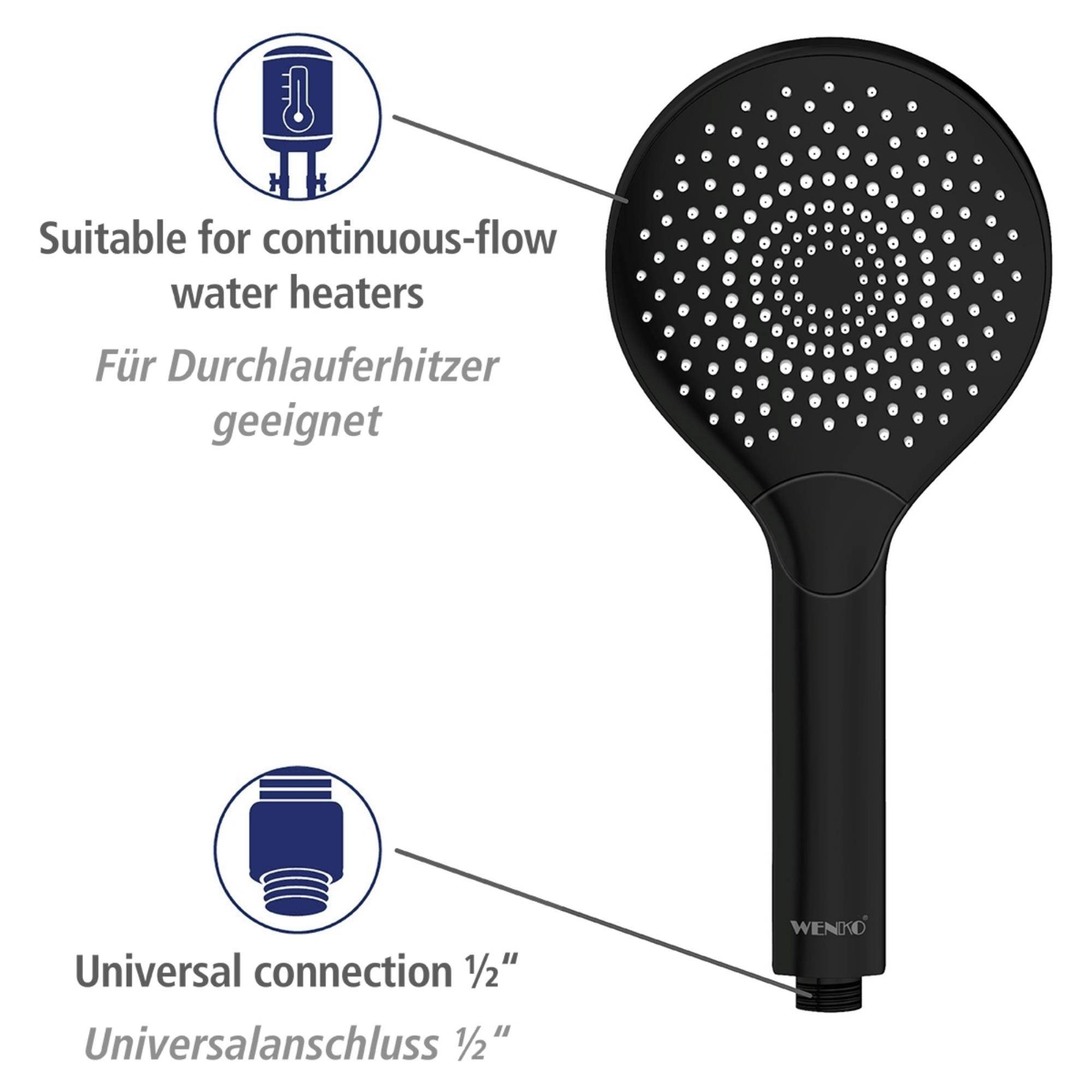 Pommeau De Douche 3 Jets, 40% Économie D'eau, Ø12 Cm, Finition Noir Mat, Embout Universel 1/2' - 5