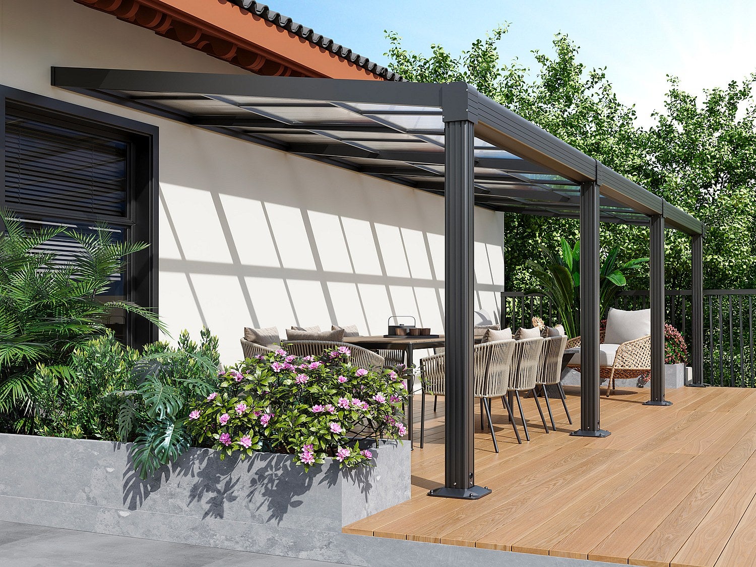 Pergola aluminiowa przyścienna z przesuwanym dachem - 27 m² - antracytowa - IZEDA