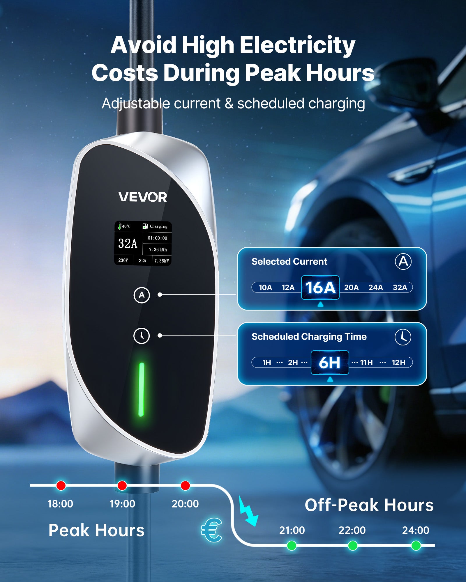 Carregador automóvel elétrico VEVOR 7,4 kW 32 A Estação móvel carregamento veículos elétricos, cabo carregamento tipo 2 6 m, ficha CEE monofásica 32 A - 3