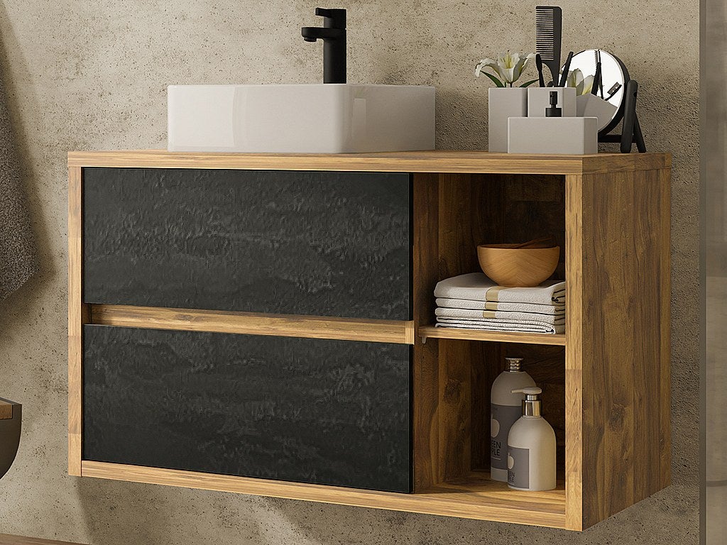 Szafka łazienkowa wisząca z pojedynczą umywalką, w kolorze naturalnym i antracytowym – 100 cm - TIKITIKI