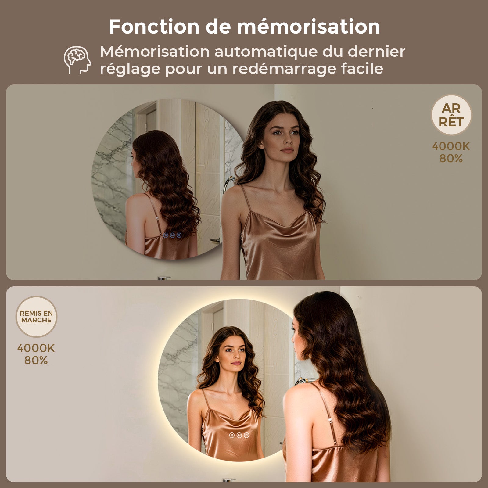 Miroir salle de bain lumineux rond 50 cm, miroir LED avec éclairage antibuée, variateur tactile, 3 couleurs, mémoire - 5