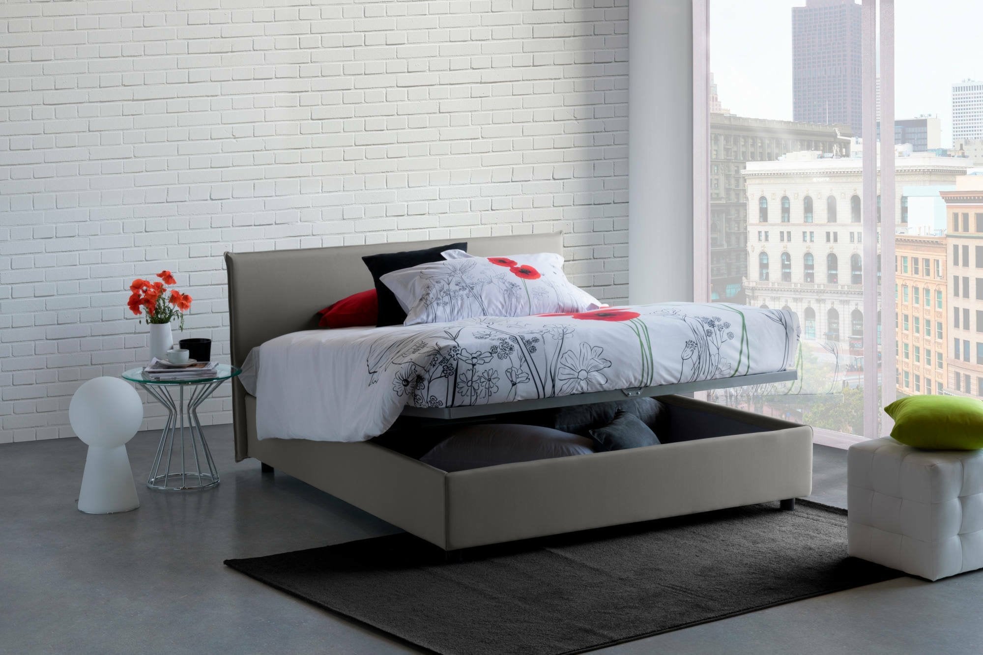 Lit double Made in Italy, Matelas déhoussable inclus, rangement, gris - Ariadni - 5