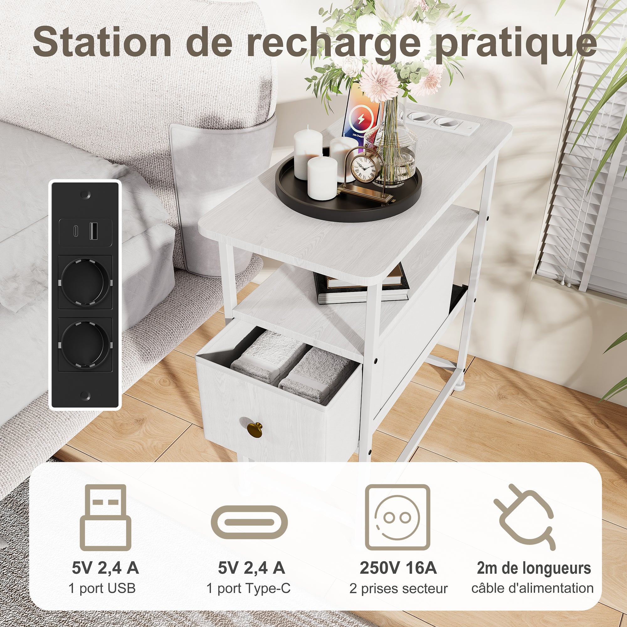 Table d'Appoint avec tiroirs - prise électrique incluse, structure en métal, pieds antidérapants, espace de rangement ouvert - 60x30x62 cm - blanche - 4