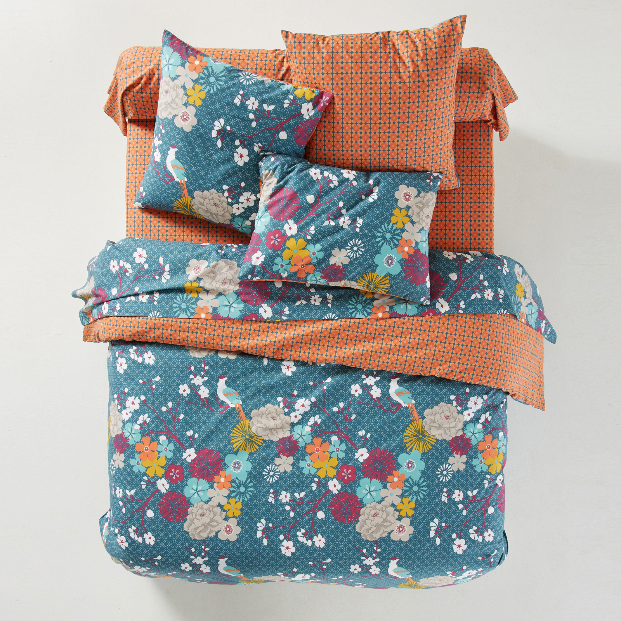 Drap coton, Miss China - Imprimé bleu canard - 240 x 290 cm - 3