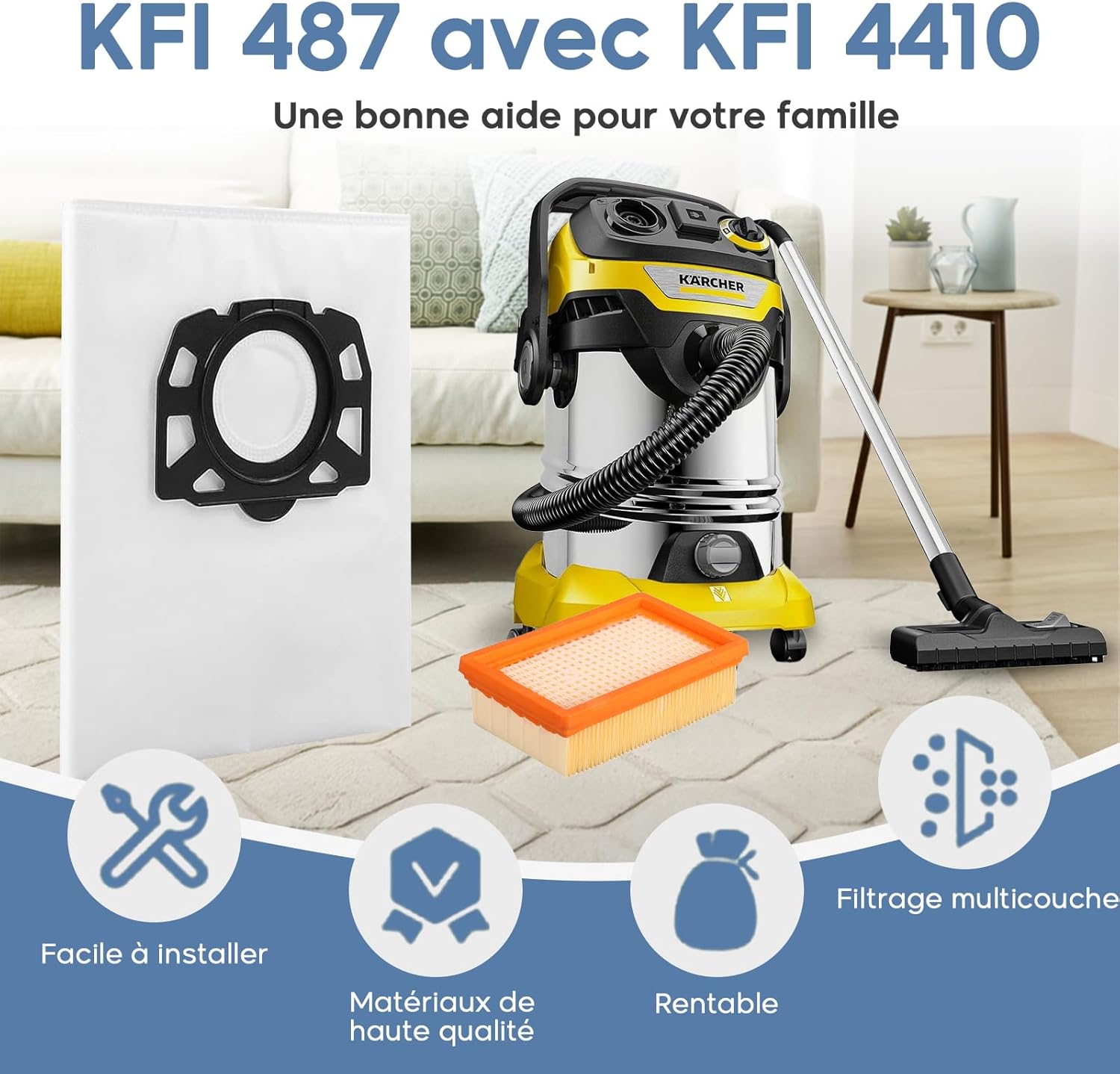 10 Sacs Aspirateur avec 2 Filtre KFI 4410 pour Karcher WD4 WD5 WD6 WD5P WD6P MV4 MV5 MV6 Accessoire Aspirateur Rechange HEPA Filtre 2.863-006.0 - 4