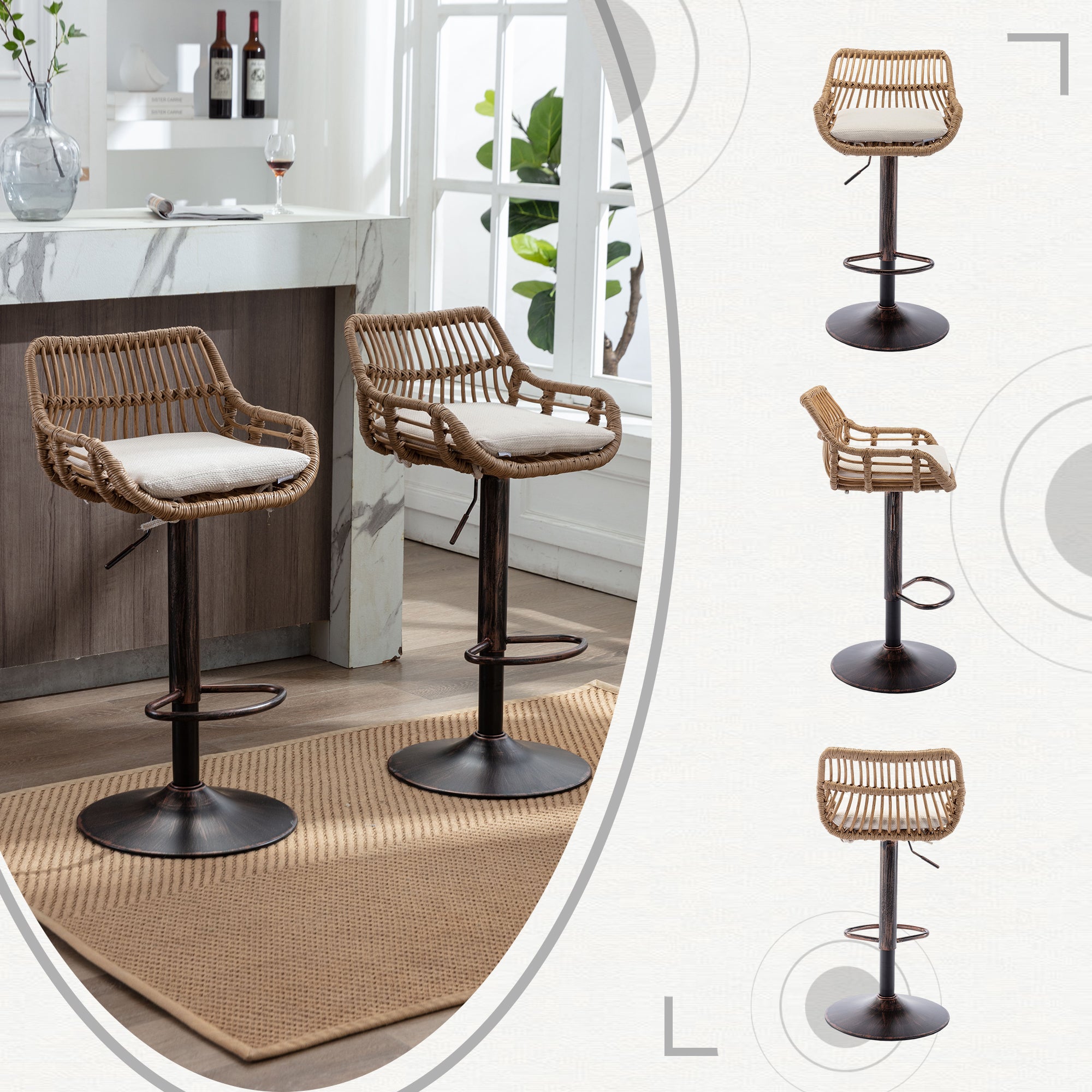 Lot de 2 Tabourets de Bar Rotin Beige Pivotants 360° - 39x38x109 cm, Hauteur Réglable 65-85 cm, Chaise de bar avec Pieds Métal Doré, pour Cuisine - 4