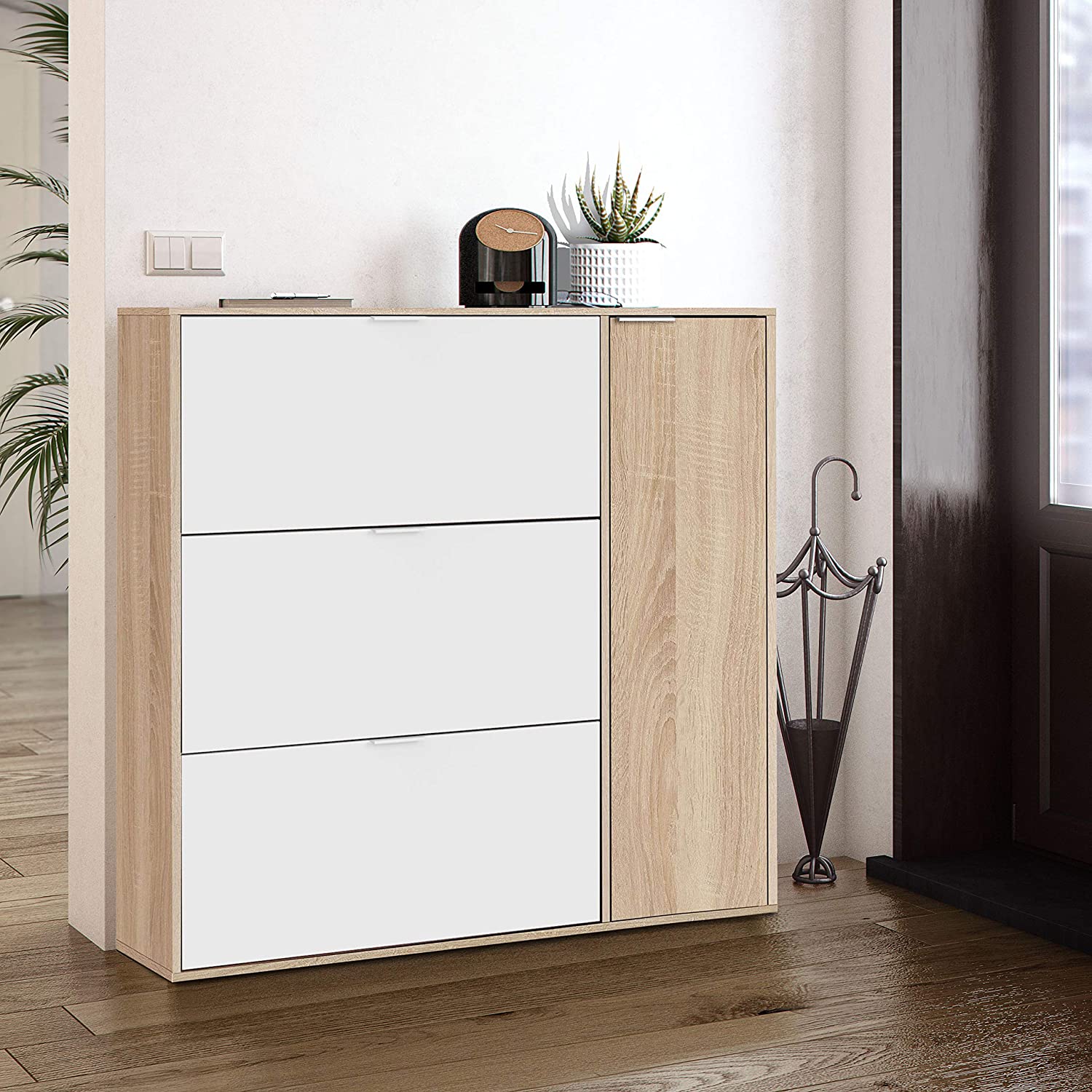 Meuble à Chaussures avec 3 abattants et 1 porte chêne canadien / blanc artic -Hauteur 115 x Longueur 106 x Profondeur 22 cm - 4