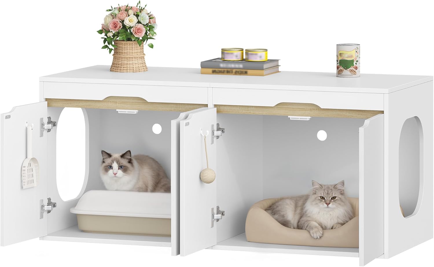 Armário para caixa de areia para gatos para 2 gatos, com entrada lateral, para ocultar a maioria das caixas de areia, carvalho branco e branco. - 7