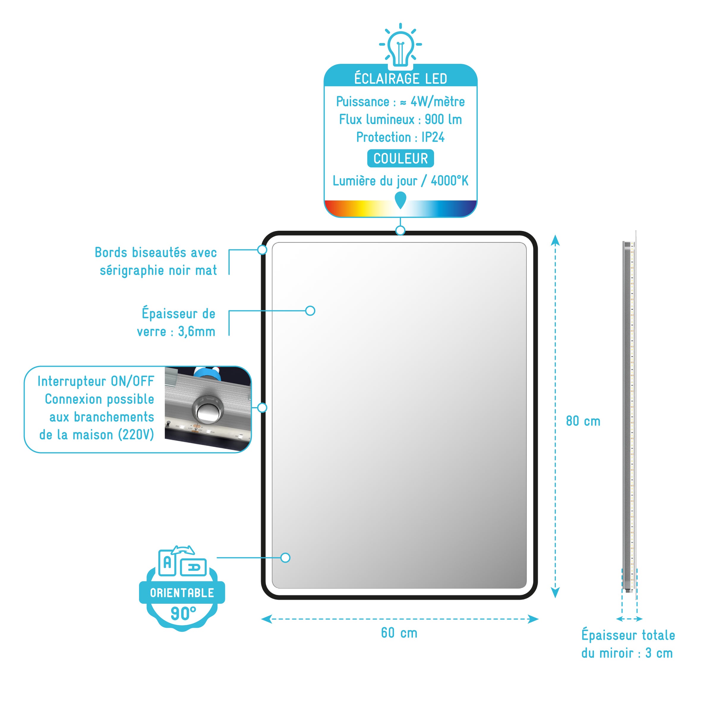 Miroir salle de bain avec eclairage LED et contour noir - 60x80cm - GO BLACK LED - 4