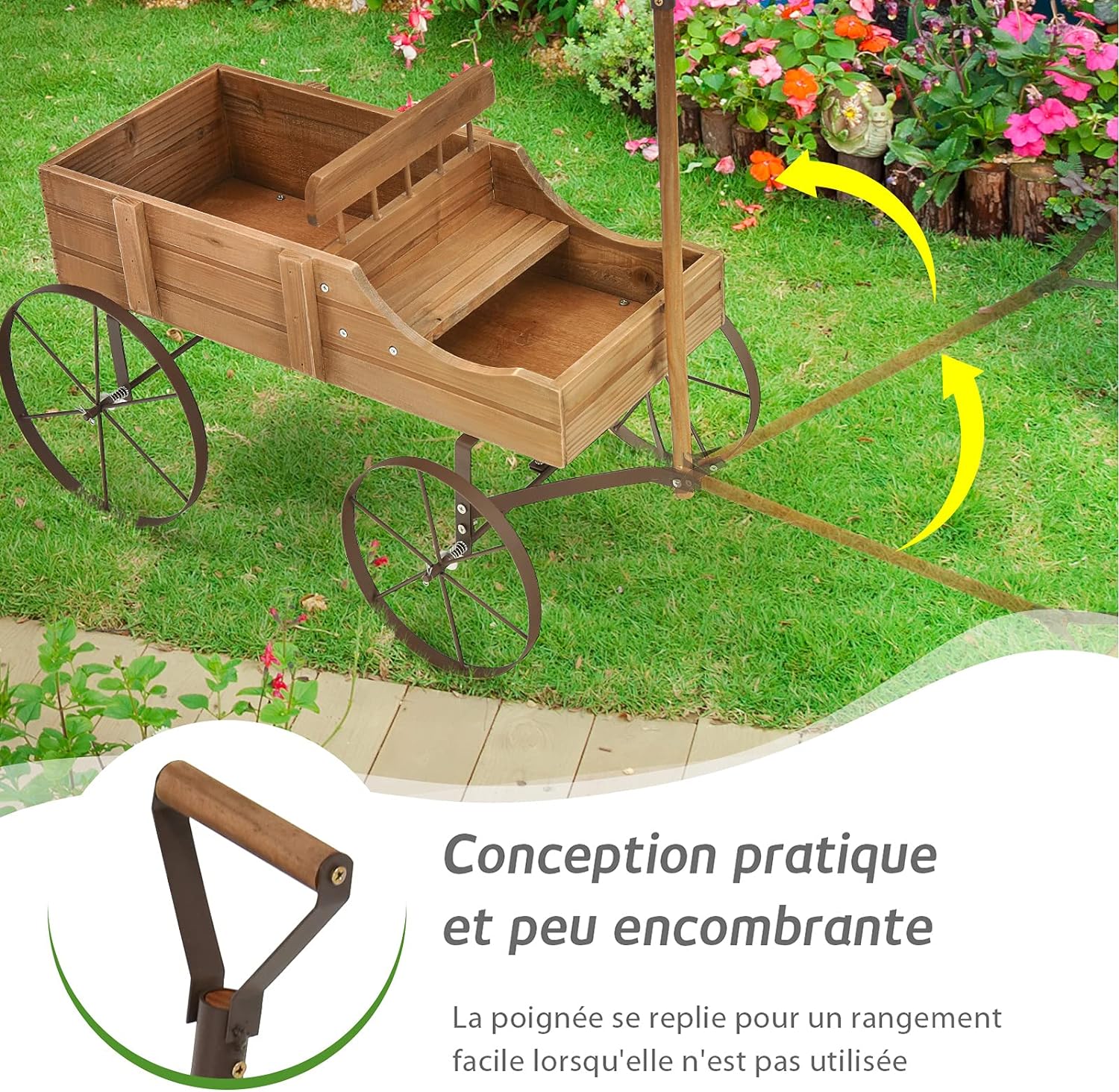 Brouette décorative en bois avec 2 compartiments à planter roues poignée charge 15kg marron - 6