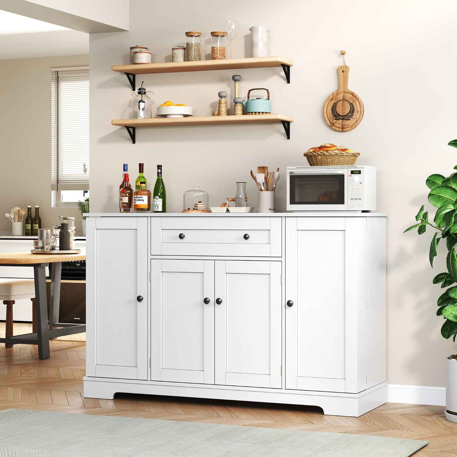 138 cm Wielofunkcyjna szafka kuchenna z szufladą, drzwiami i regulowanymi półkami – nowoczesny design, bezpieczny do kuchni i salonu