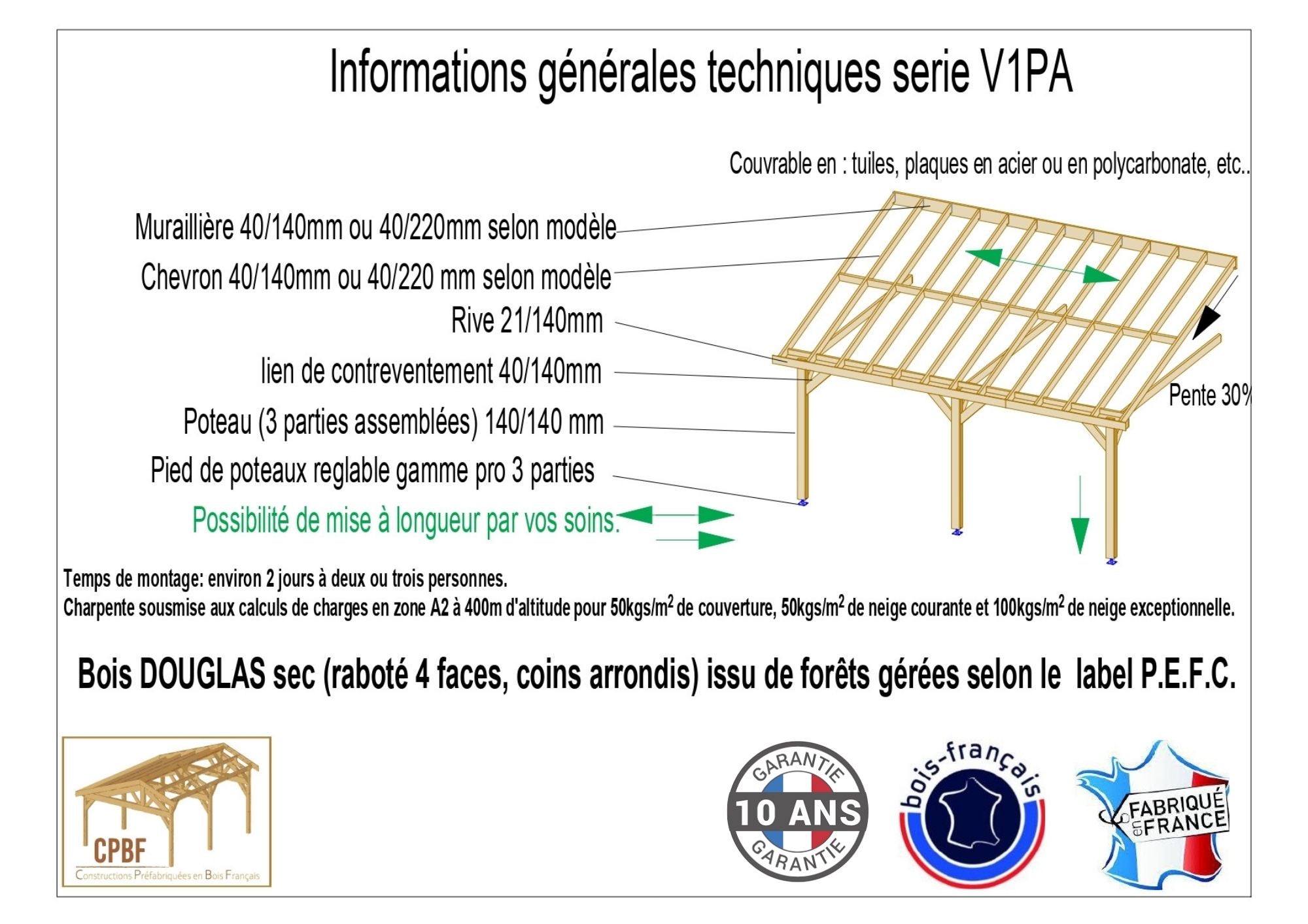 Carport Bois Français adossé 19 m² – 1 pente – 3 poteaux – Abri voiture extérieur – Garantie 10 ans - 3
