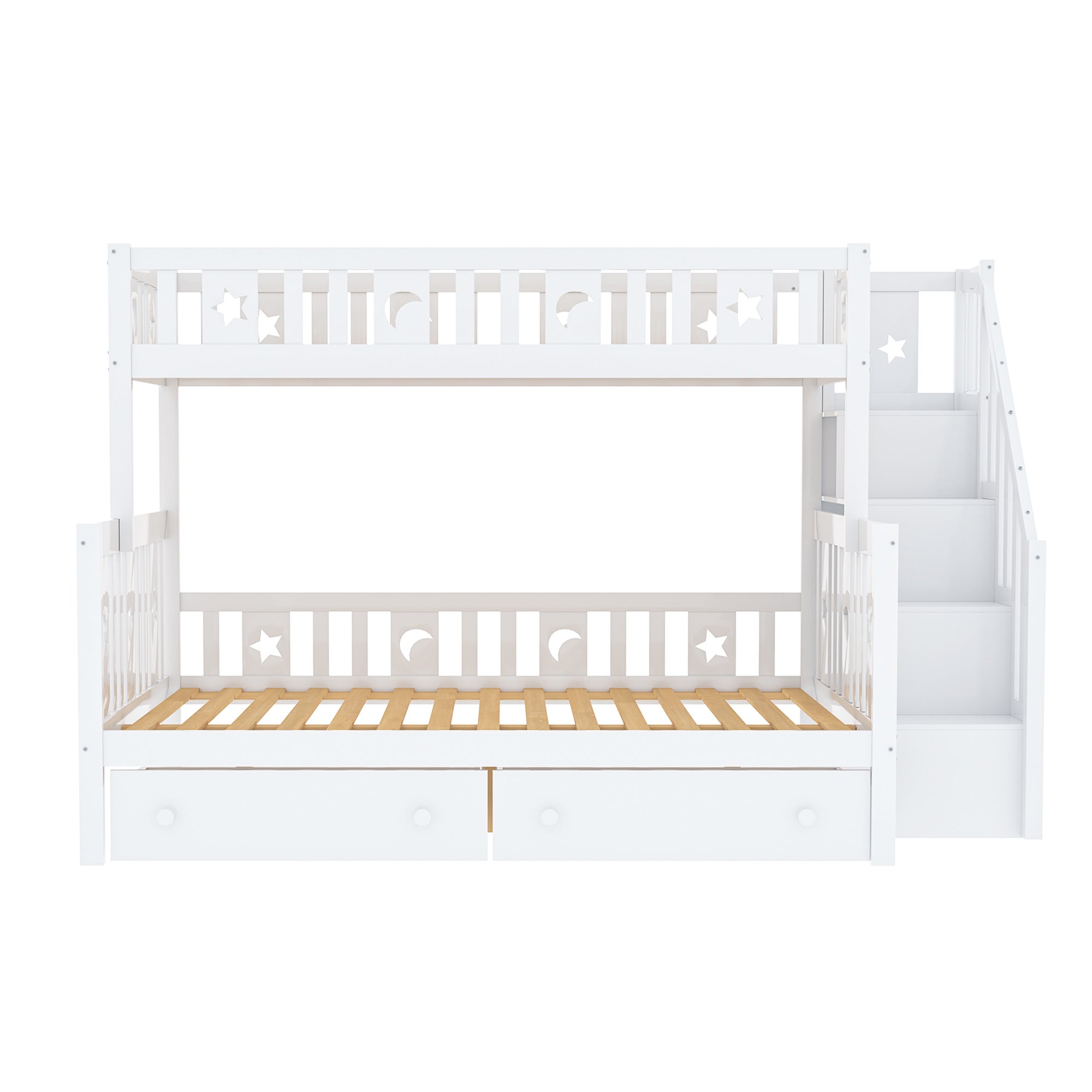 Lit superposé 90/140x200 cm en bois massif - avec escalier de rangement et 2 tiroirs - Blanc - 6