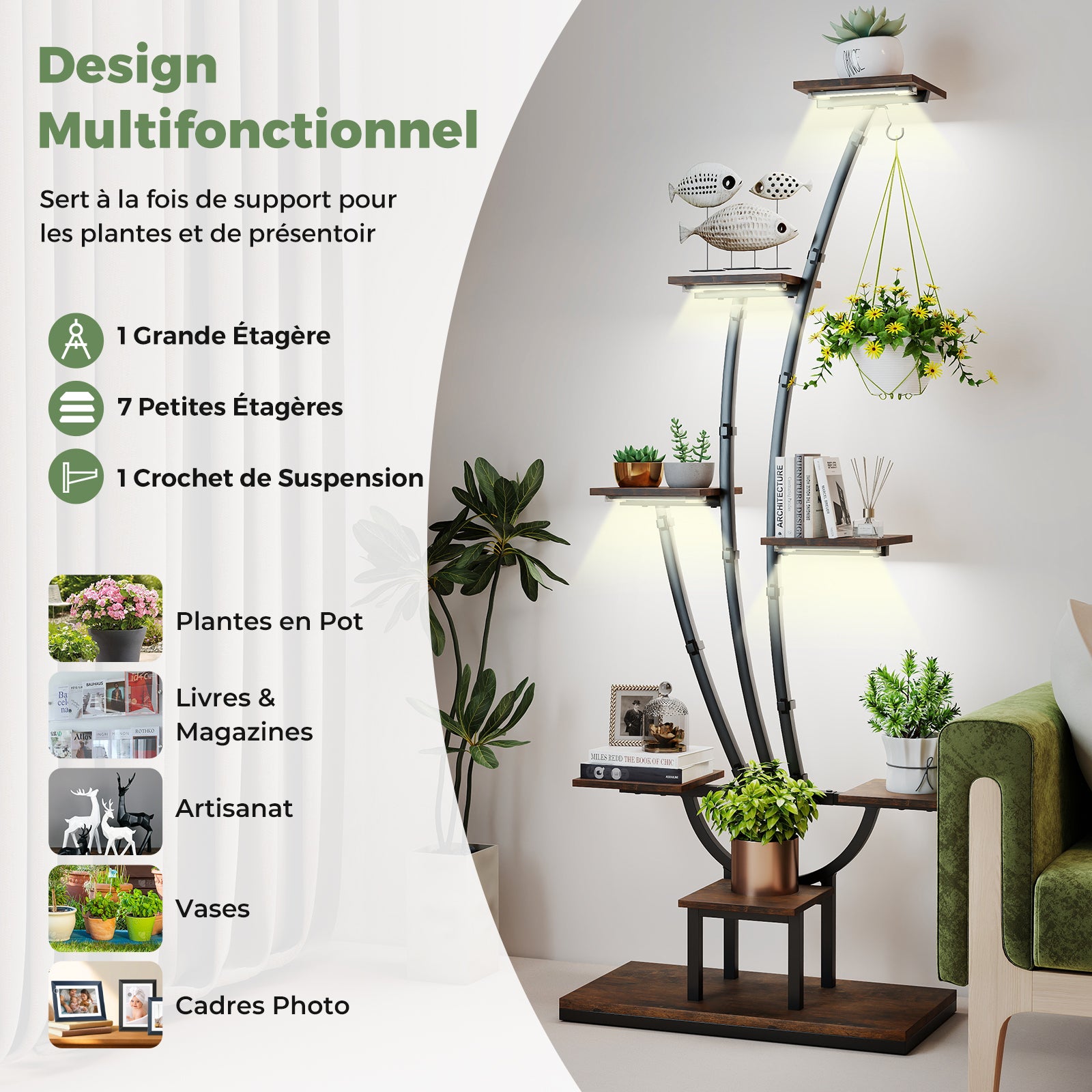 Support de Plante en Métal à 8 Niveaux, Étagère à Fleurs d'Intérieur avec Lampes à Lumières Réglables, Présentoir de Fleurs Décoratif pour Salon - 7