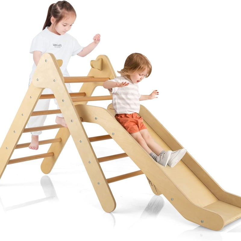 2 w 1 Drewniany trójkąt do wspinaczki ze zjeżdżalnią, drabinka do wspinaczki z regulowaną wysokością, nośność 60 kg dla dzieci powyżej 1 roku życia