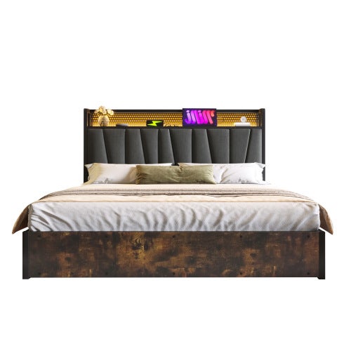 Lit coffre 180x200 cm Lit Double lit Rembourré avec LED Contrôlée par App et Chargeur USB - Structure Métal et Sommier Bois - Moderne - Gris - 9