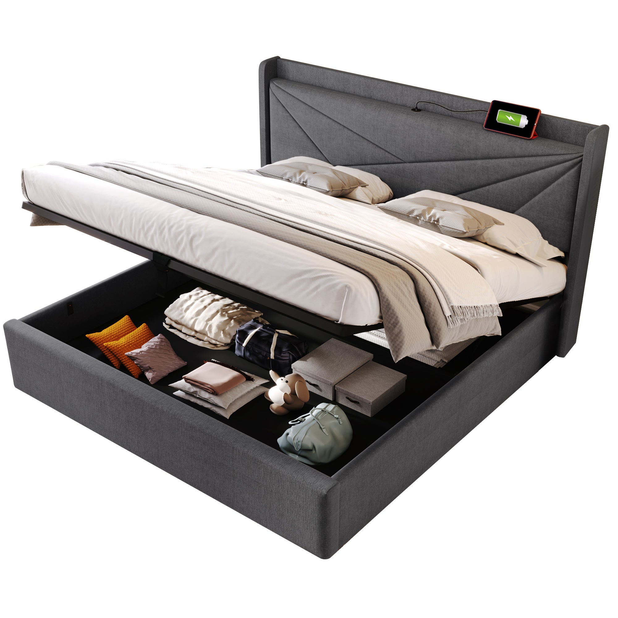 Lit coffre lit rembourré 160x200 cm avec fonction de charge USB Type C, lin, gris, sans matelas - 7