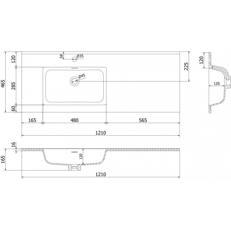 Mexen Otis lavabo encastré dans un plan gauche 121 x 46,5 cm, blanc brillant - 25181200L - 3