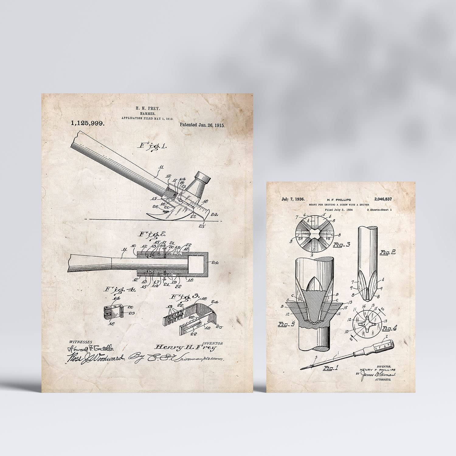 Set 6 láminas de patentes herramientas de construccion 2 pósteres con dibujos retro de inventos antiguos para tu hogar a4 y a3 con marco madera clara