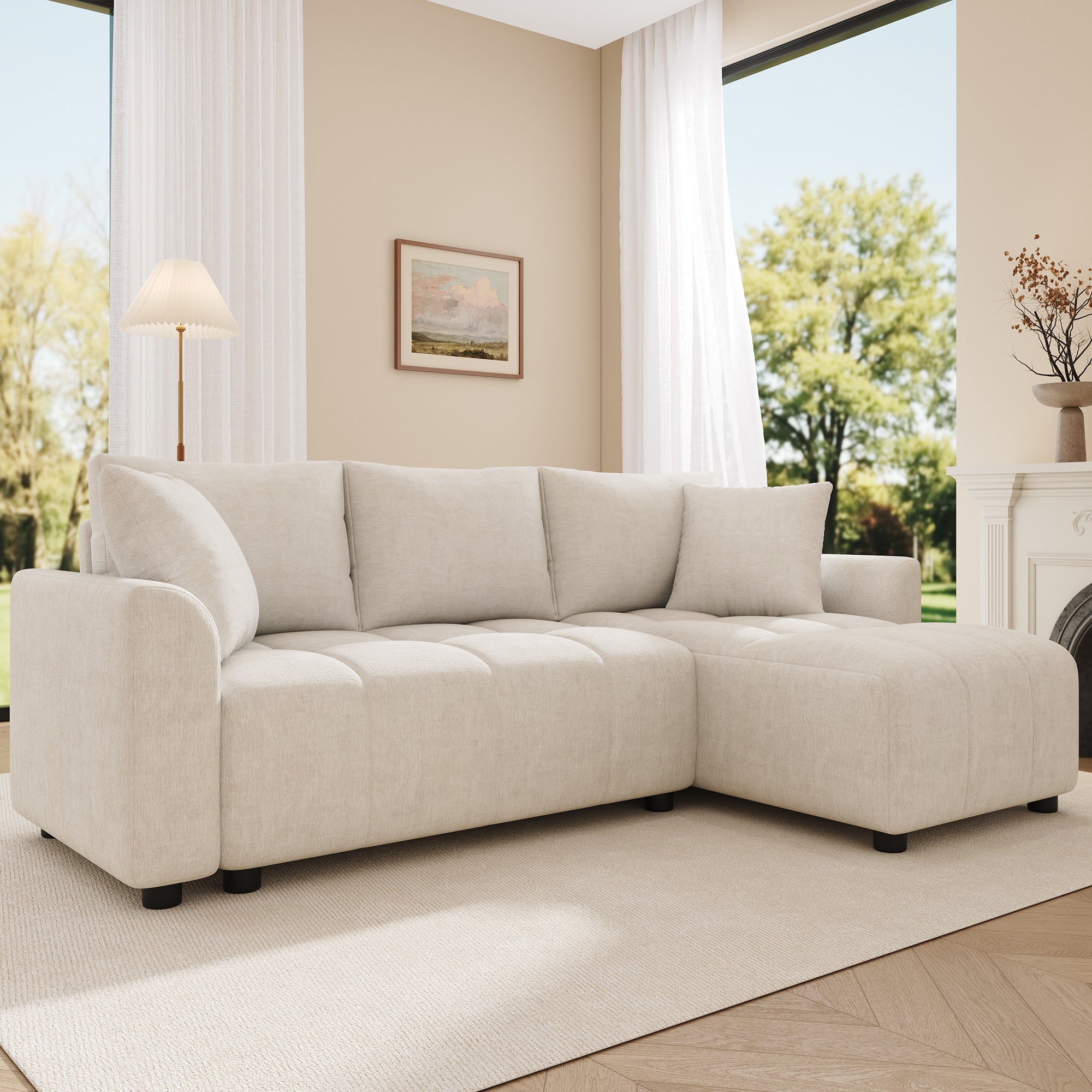 Canapé d’angle modulable 3 places avec méridienne et coussins canapé de salon en chenille beige 204x127x82,5 cm - 2
