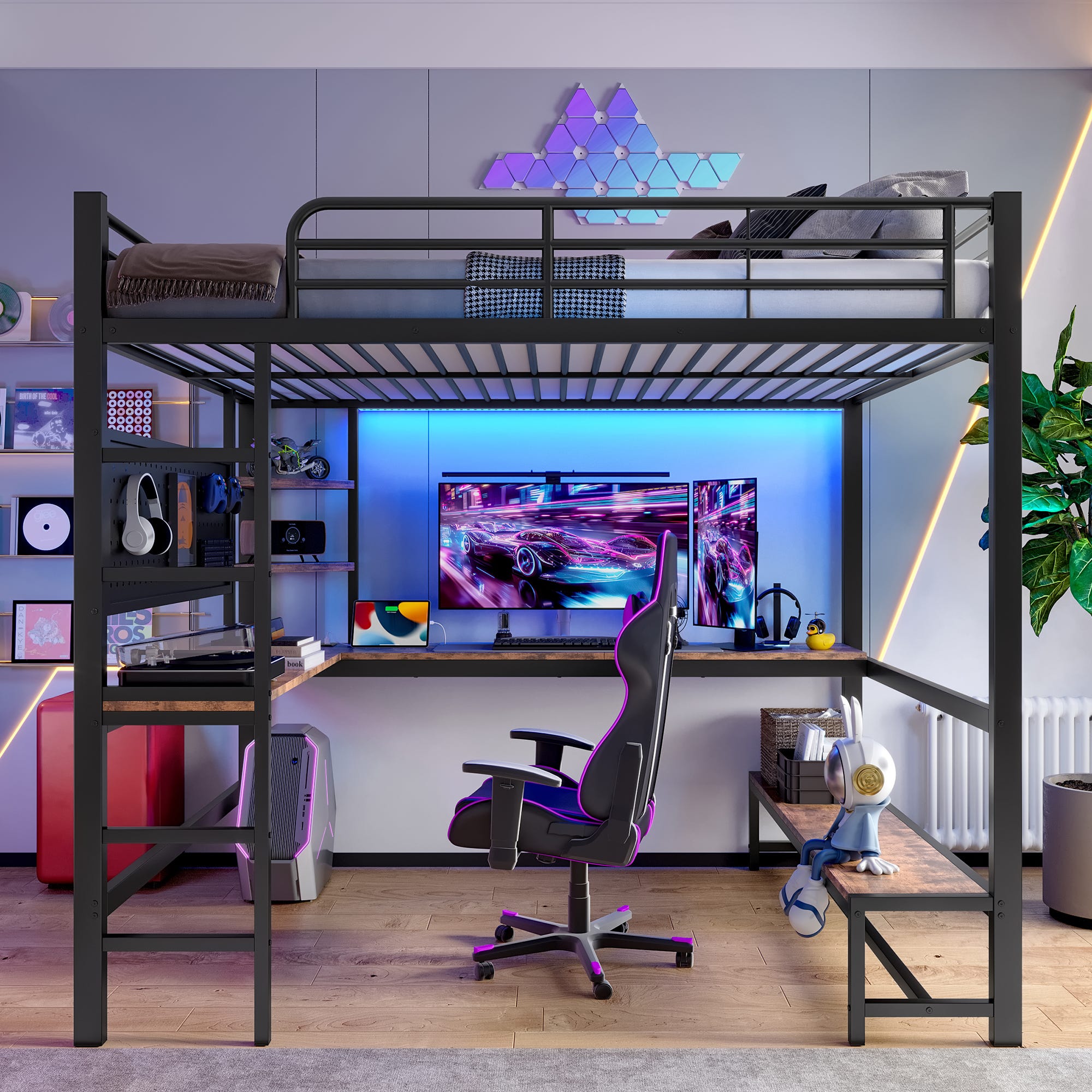 Cama alta de 140 x 200 cm - escritorio, LED, puertos USB/Tipo C ...