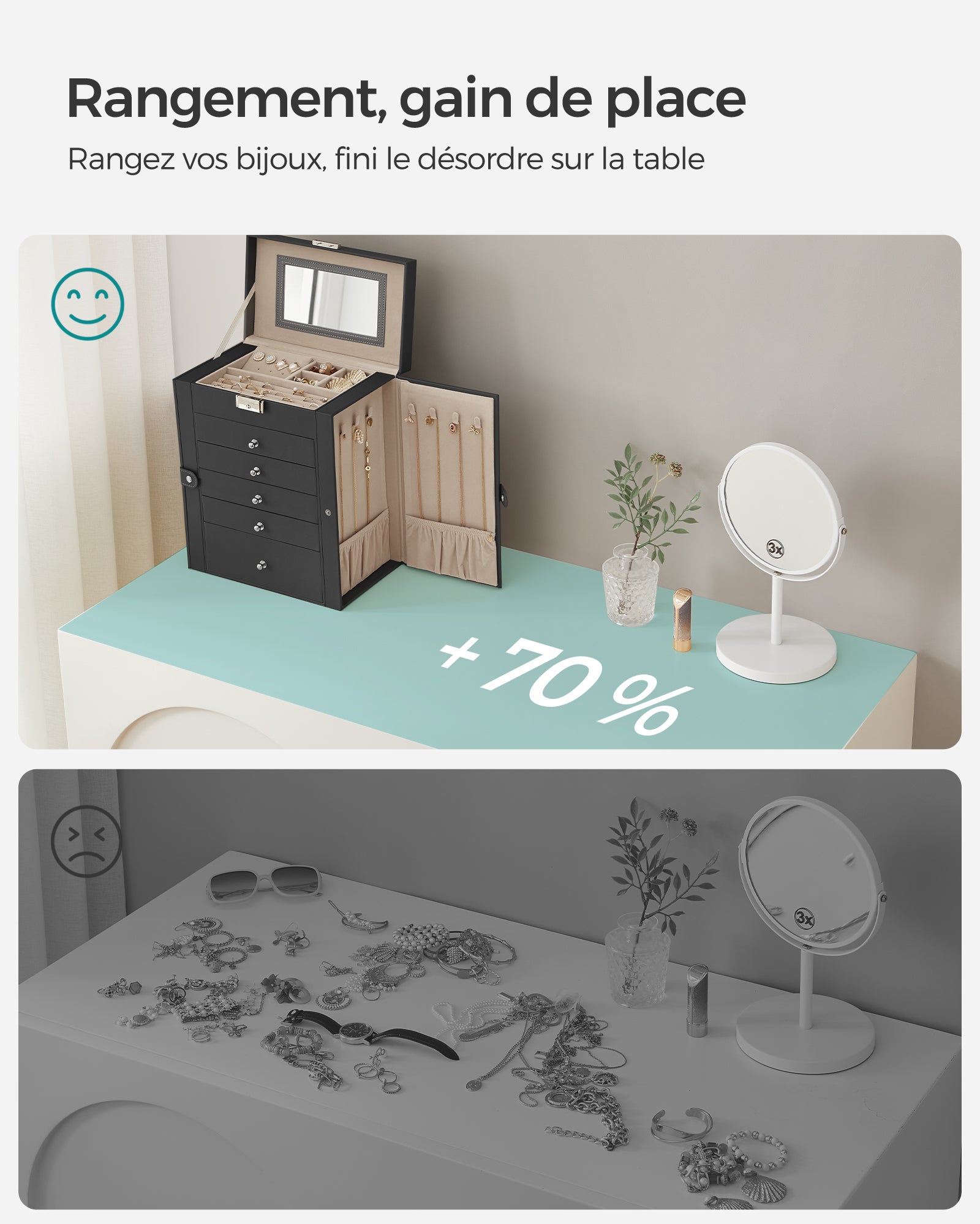 Boîte à Bijoux, Coffre à Bijoux, Grand, 6 Niveaux avec Ailes, tiroirs, Miroir et Fermoir, pour Bracelets, Boucles d'oreilles, bagues, Colliers, Noir - 9