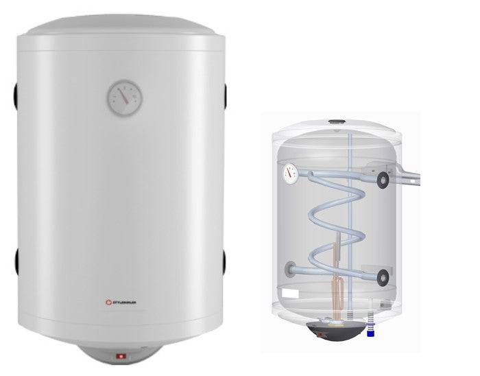 Bojler z wężownicą 50 l, wejście uniwersalne prawy/lewy, z grzałką, 511x476 mm, Styleboiler