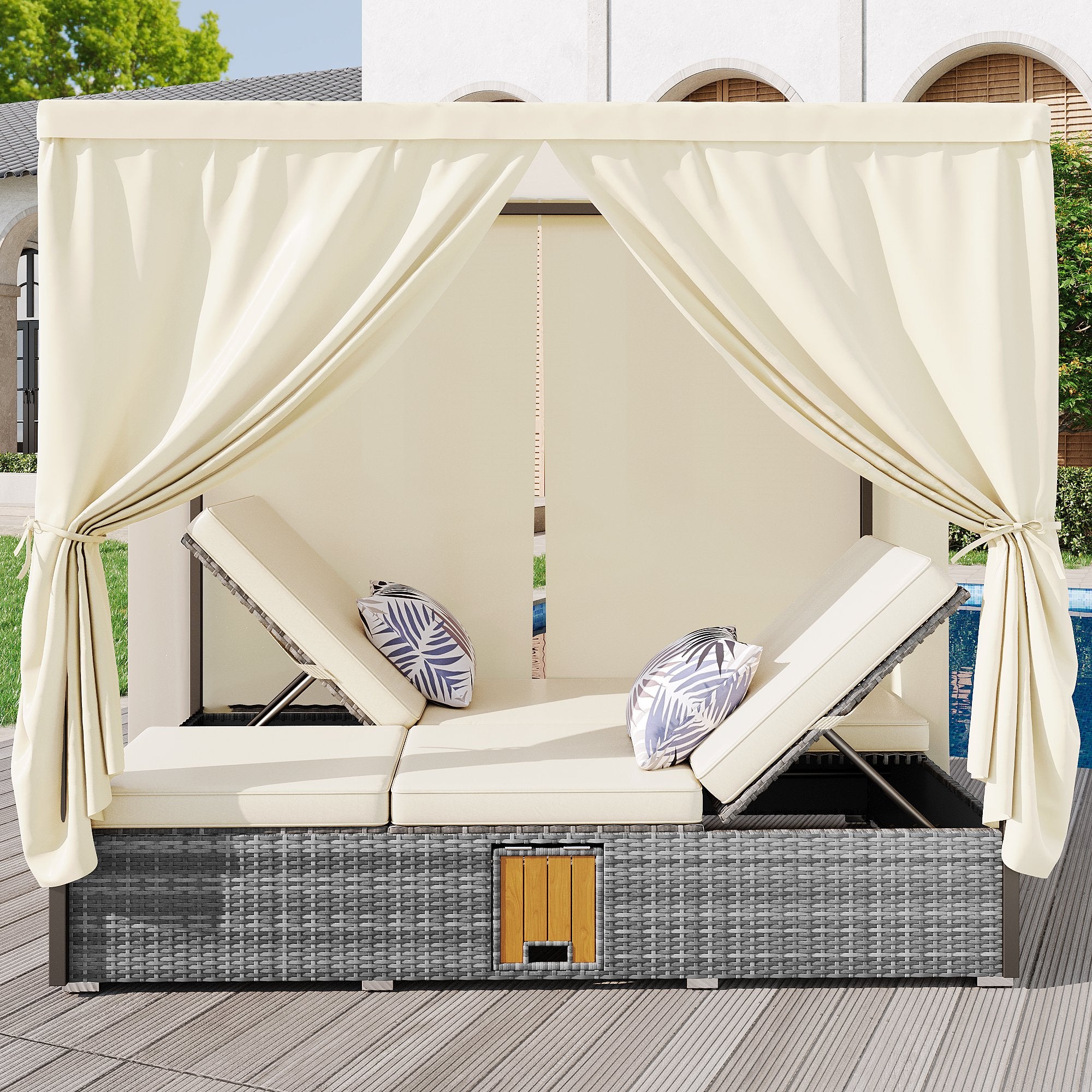 Chaise longue de jardin lit double avec parasol, chaise longue en rotin, coussins et table pliante avec coussins crème - 2