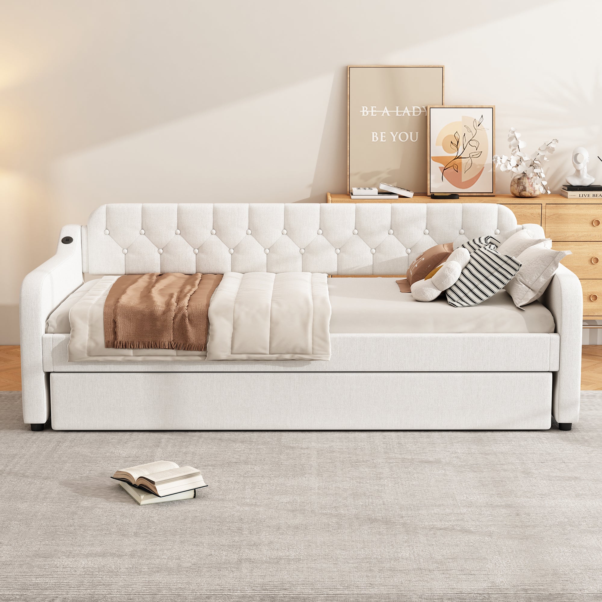 Lit gigogne 90x200cm - avec Port USB - tissu en Lin - Beige - 2