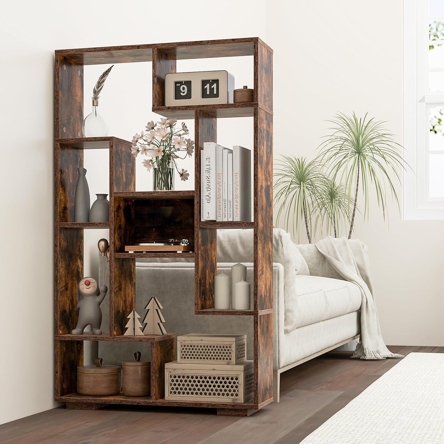 Bibliothèque Meuble de Rangement, Étagère Bureau en Bois pour Salon 70 x 20 x 120 CM, 9 Étagère Cube Ouverte, Kit Anti-basculement (Café) - 5