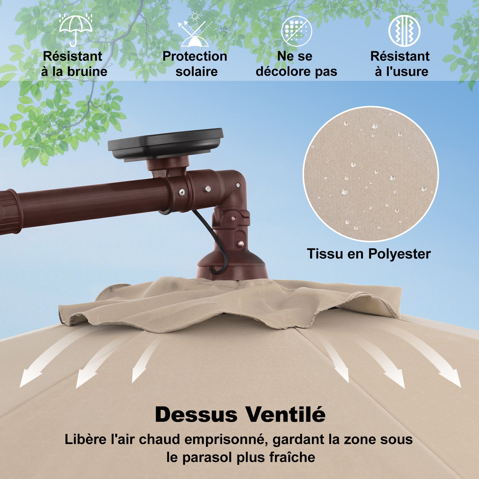Parasol Déporté 3M Hexagonale, avec 40 LED Solaire, Inclinable, 8 Baleines en Métal, Base Croisée, Parasol à Manivelle, Beige - 4