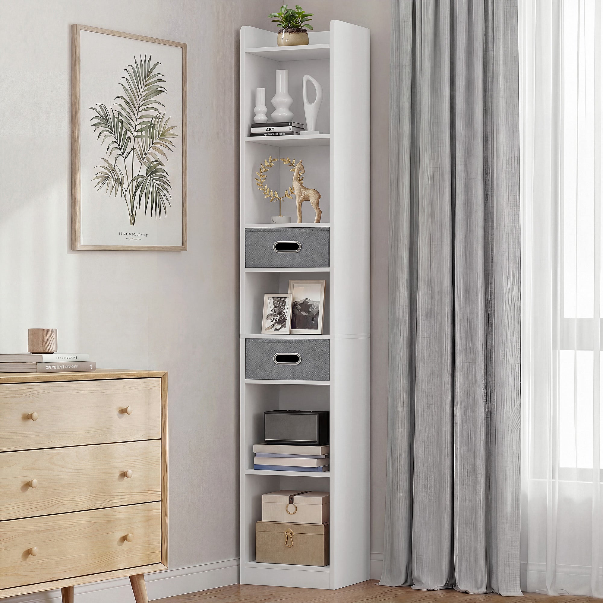 YITAHOME Librería Alta Estrecha 5 Niveles 2 Cajones Tela Blanca (30x24x180) - 3