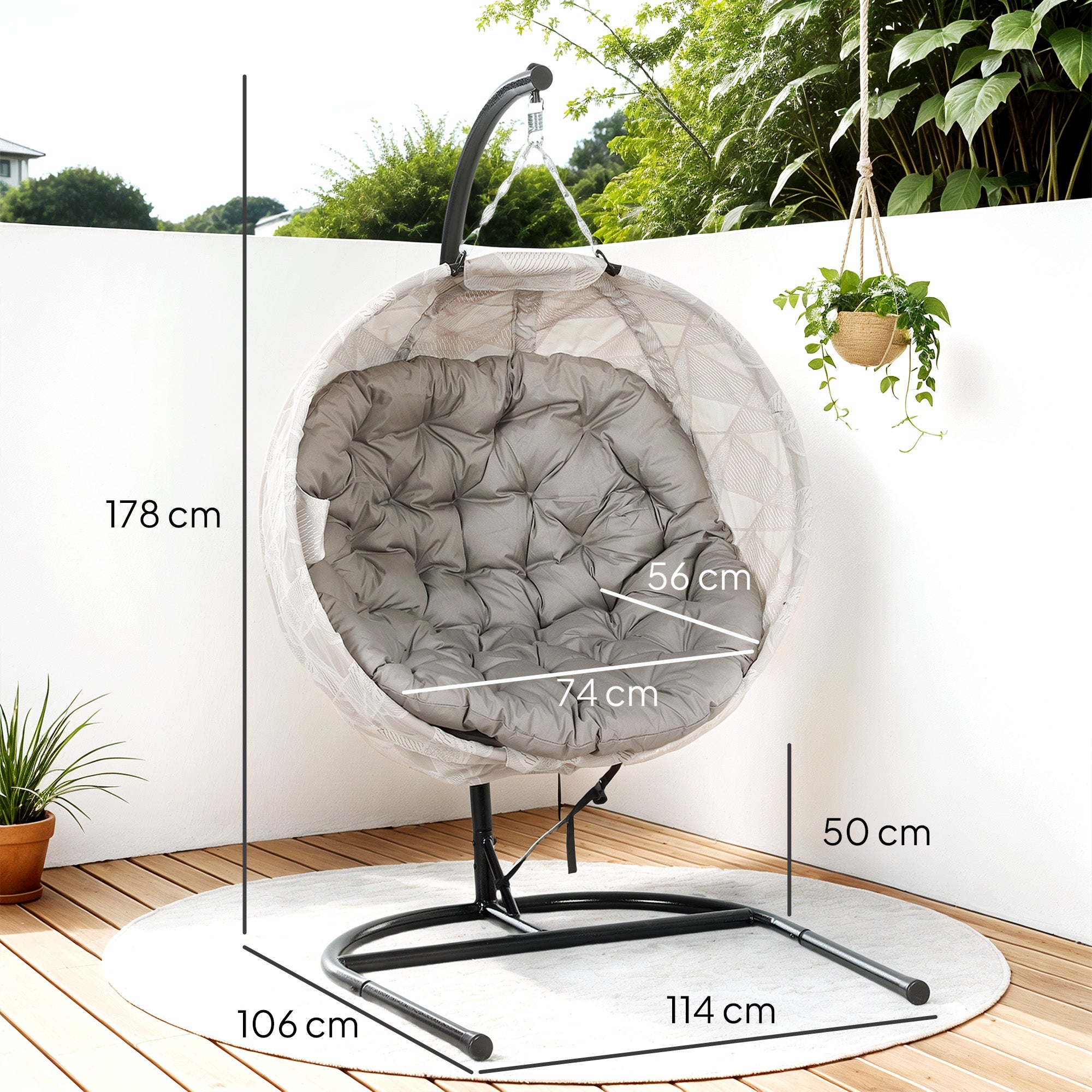Fauteuil suspendu œuf pour l'extérieur, balançoire suspendue pliable avec porte-gobelet et siège lavable, structure en U, pour terrasse et jardin - 3