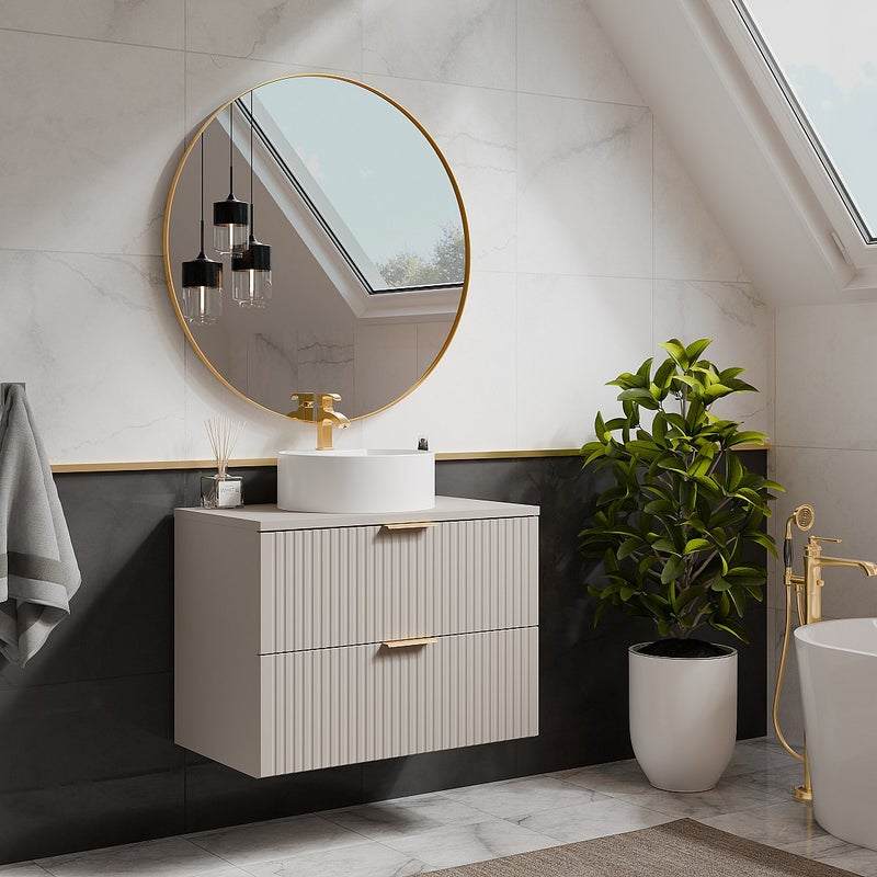 Szafka łazienkowa wisząca ryflowana z okrągłą umywalką nablatową - Beżowy - 80 cm - ZEVARA