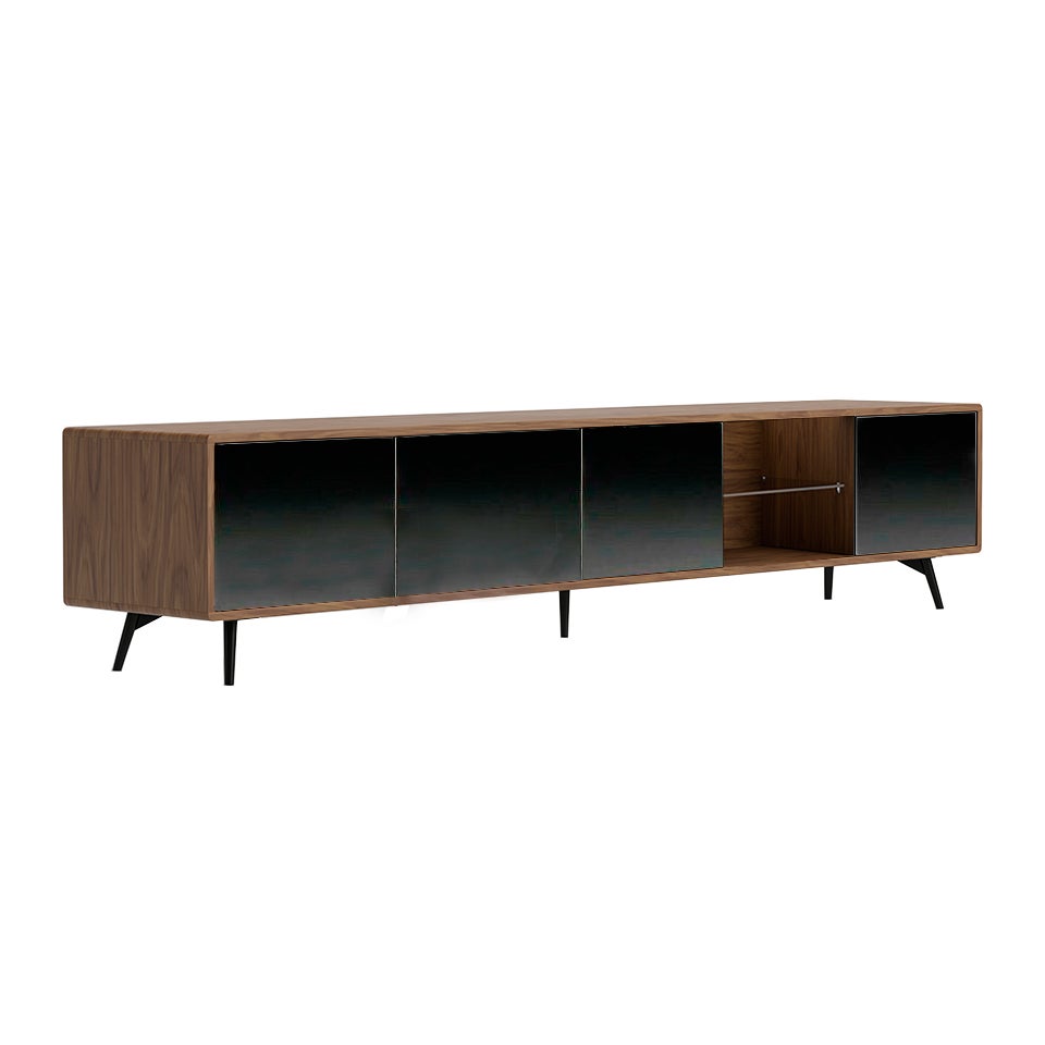 Szafka pod telewizor z czarnego szkła z efektem lustra, orzecha włoskiego i czarnej stali 240 x 45 x 50 cm