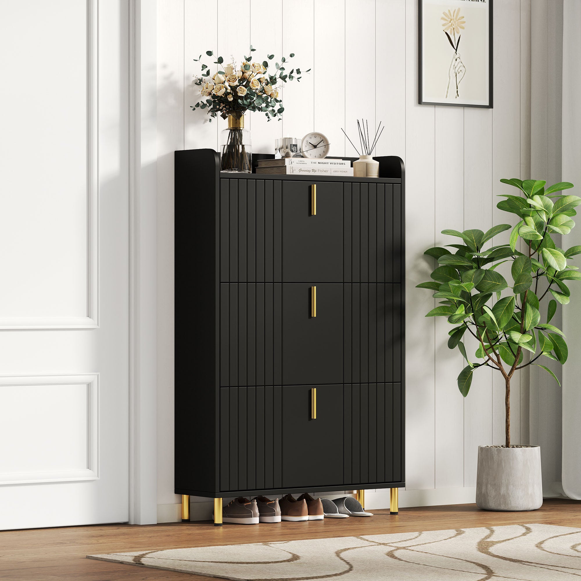 Meuble à chaussures avec 3 portes rabattables et dispositif anti-basculement - 80 x 23,5 x 123,5 cm - MDF - Noir - 2