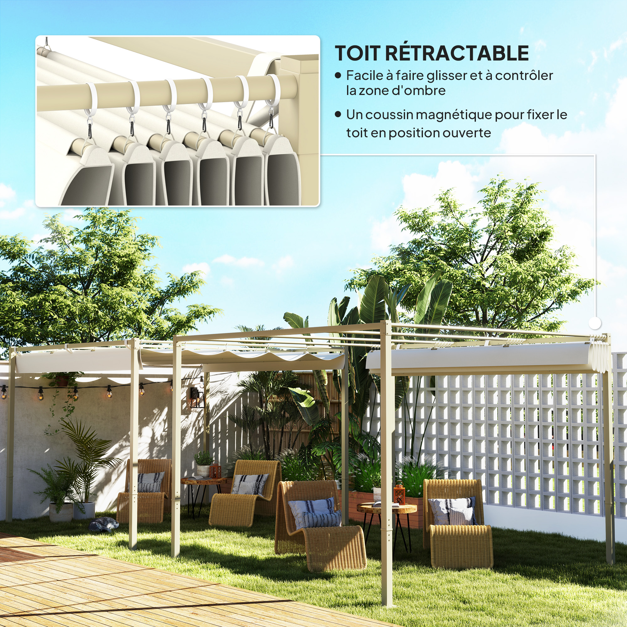 Pergola rétractable 3 x 3 m acier époxy beige polyester 180 g/m² UPF30+ kaki - 4